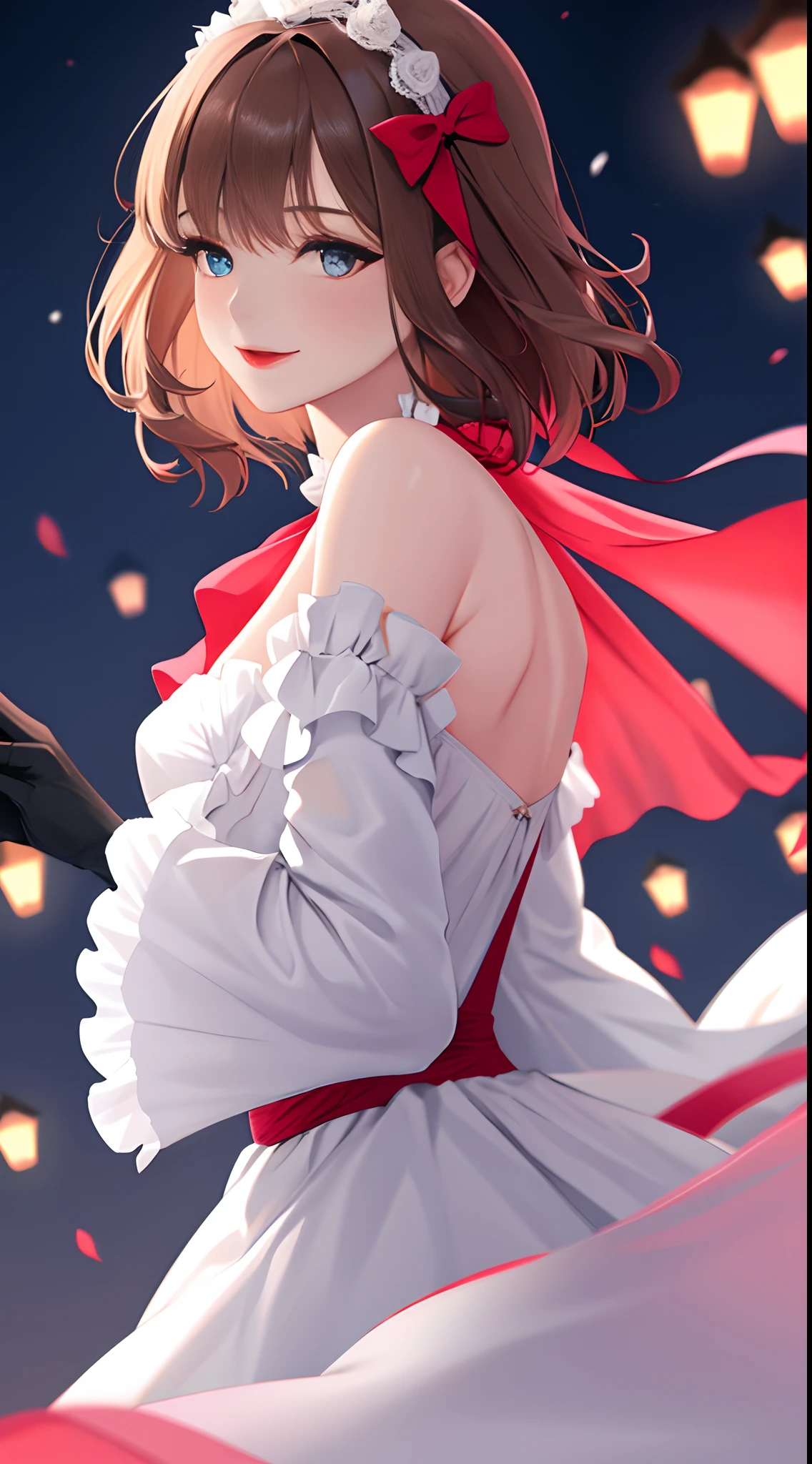 (Extremely delicate and beautiful:1.2),1girll, bangs, Blue eyes, Blurry, The background is blurred out, bow, Brown hair, Closed mouth, From the side Side, hair between eye, Goodbye to hair accessories, hairstyles, lantern, Light particles, Long sleeves, view the viewer, Medium hair, Night, Red bow, Solo, Star \(symbol\), Upper body,Smile,Red lips