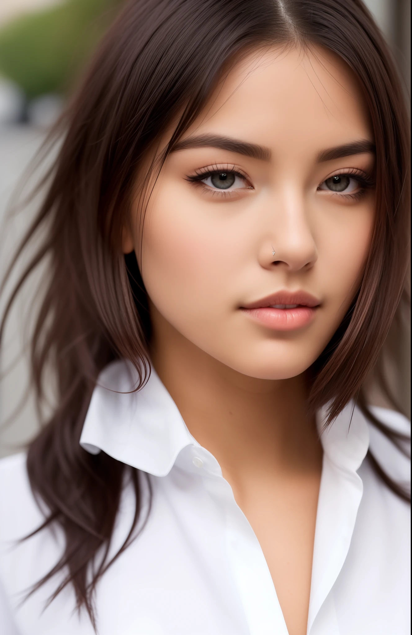 ((Best Quality, 8K, Masterpiece: 1.3)), Sharp: 1.2, Perfect Body Beauty: 1.4, Slim Abs: 1.2, ((Layered Hairstyle, Big Breasts: 1.2)), (Wet White Button Long Shirt: 1.1), (Rain, Street: 1.2), Wet: 1.5, Highly detailed face and skin texture, detailed eyes, double eyelids, side face looking at the camera