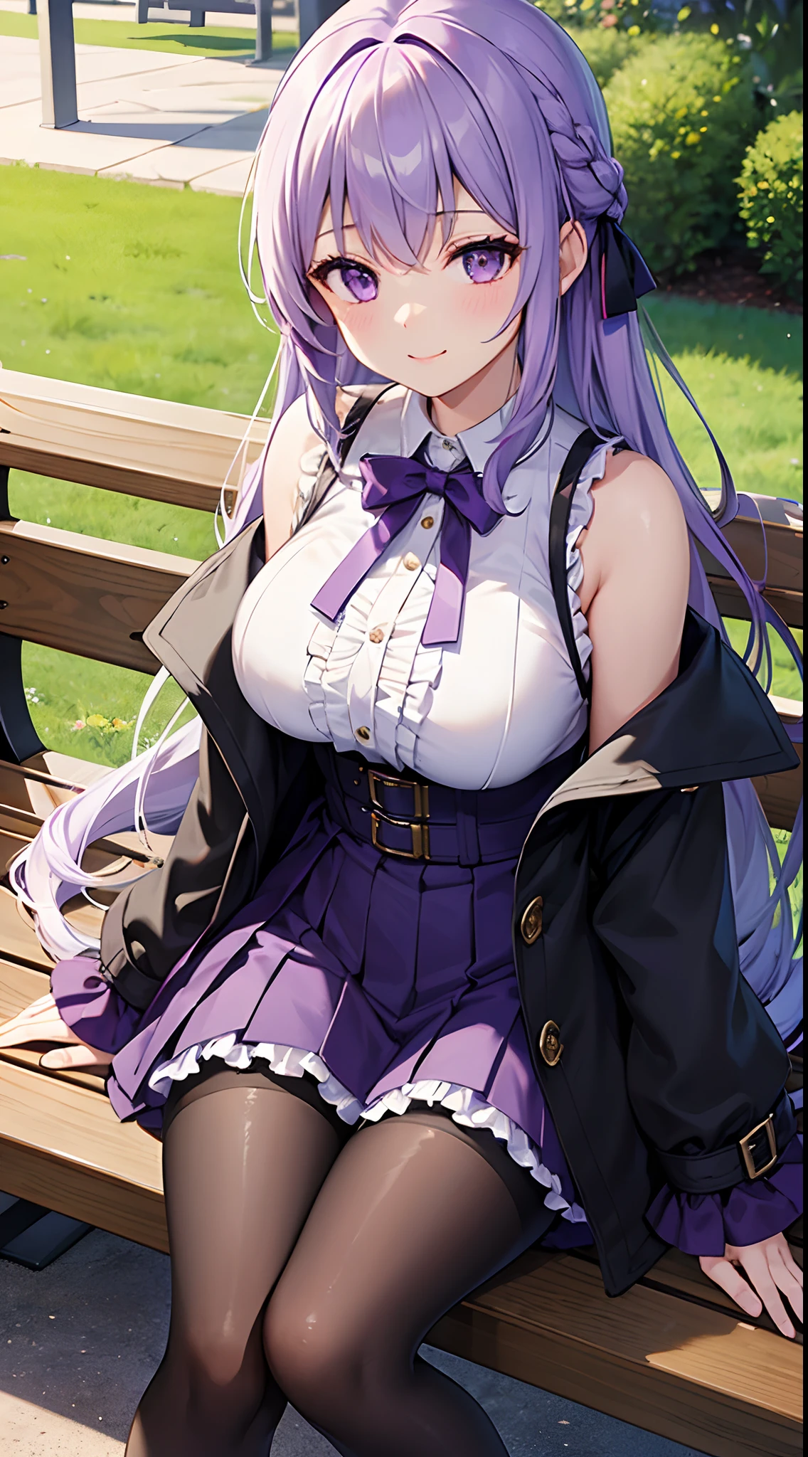 1 girl, game CG, frilled shirt, shoulders visible, short skirt, hair ribbon, trench coat, black tights, gigantic breasts, light purple hair, long hair, french braid, purple eyes, park, bench, sitting, steam, smile,