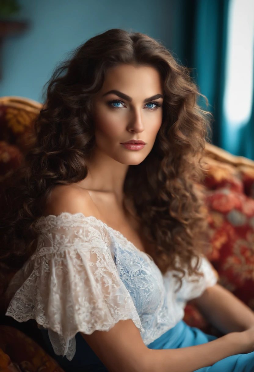 Sexy Woman, long curly brown hair, blue eyes, high arched eyebrows sitting on a couch
