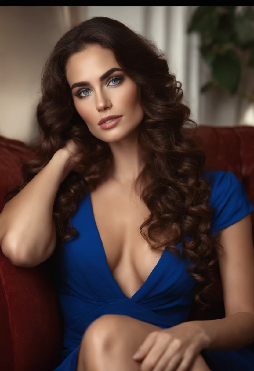 Sexy Woman, long curly brown hair, blue eyes, high arched eyebrows sitting on a couch