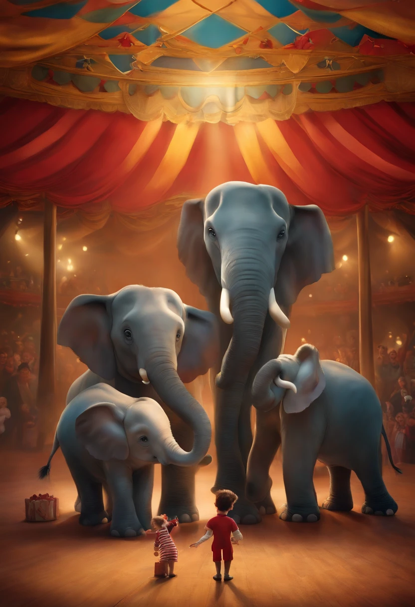 A children's story inspired by Disney Pixar (ELEFANTE DE CIRCO COM TAPETE NAS COSTAS, SUPER ALEGRE, RODEADO DE ANIMAIS) dentro A cena estar na arte distinta do estilo PIXAR, descolada e estilosa, The set is a circus with an audience in the background