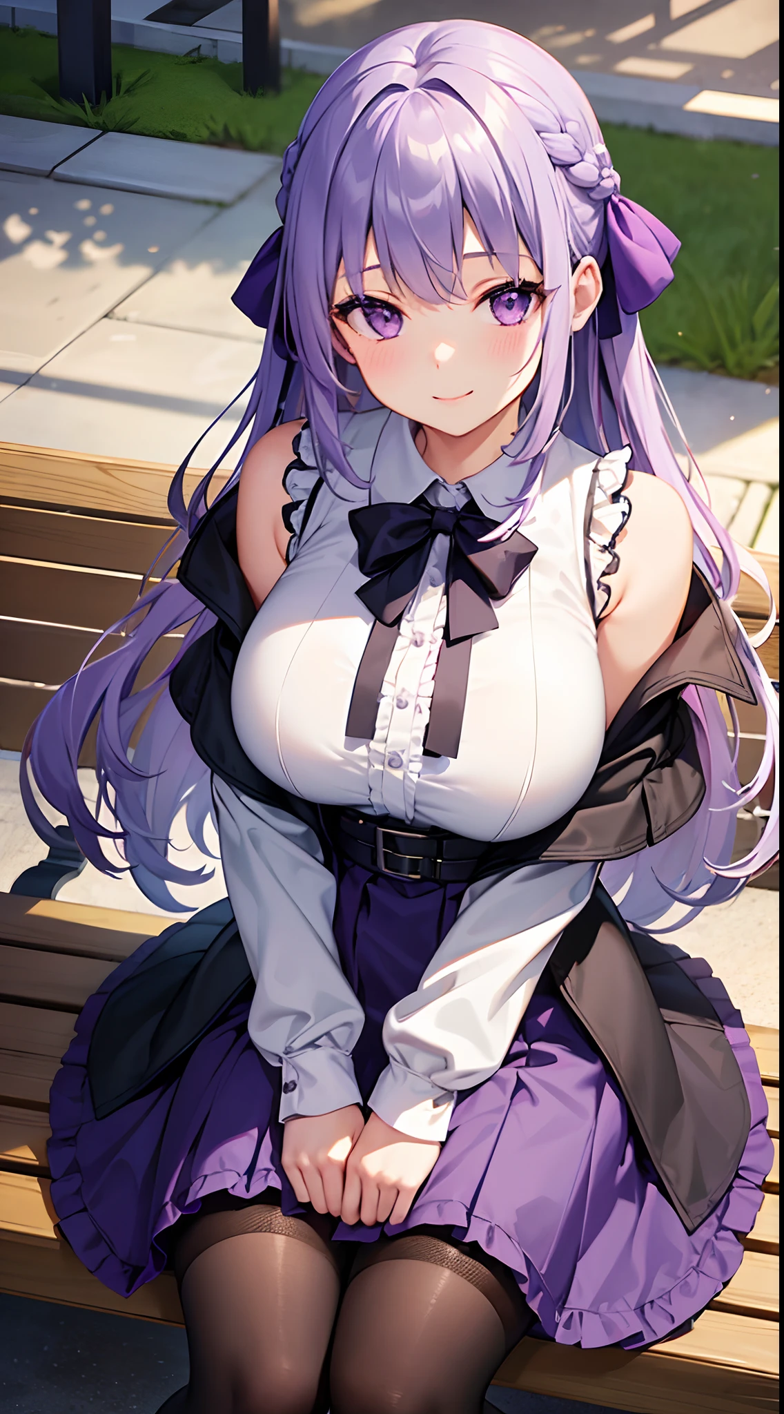 最high quality, high quality, Super detailed, 16K, Ultra-detailed details, pretty girl, alone, beautiful purple hair, Beautiful purple eyes, Big Breasts, A light smile, 赤い目, オフショルダー ノースリーブ Summer clothes, Summer カジュアル Maid clothes, I'm lifting my skirt, Blue and white color striped underwear(Showing her underwear under her skirt), Black knee socks, My crotch is wet with love juice, 18歳,かわいい, {{The master steals the face and voice of the girl he likes, then lifts up her skirt with the girl's face and voice to seduce the master.}}, ((Full body image:1.3)), NSFW