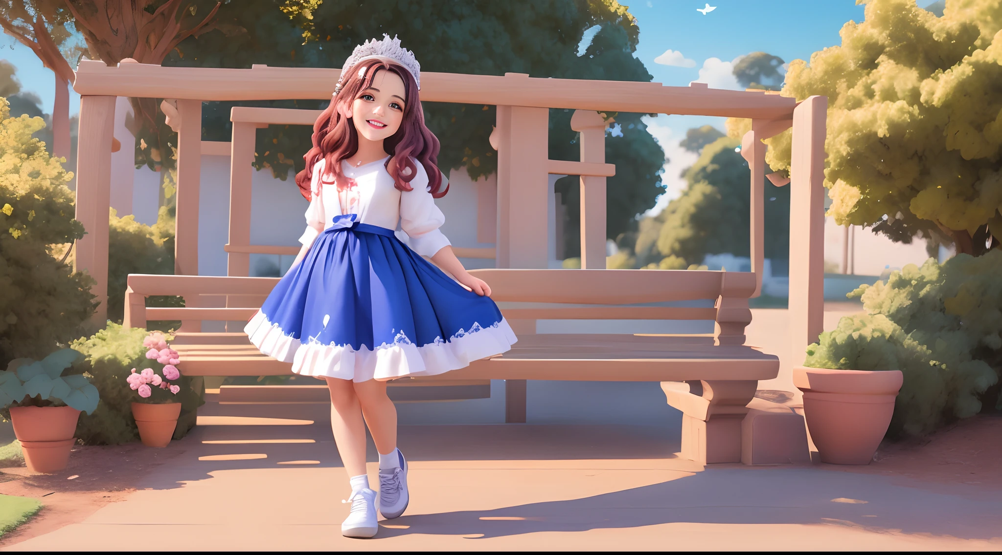 cenario de um parque infantil com baloes, universo disney PIXAR colorido, texturas, mulher de 33 ano, brasileira, cabelo moreno claro comprido e solto com vestido rosa, usando brincos prata, colar, pulseira e anel. On his left hand he wears a wedding ring. olhos castanho escuro. On the foot white sneakers. abracada com homem loiro, 33 anos, brasileiro, pele clara, pouca barba, sorridente e camisa azul. On her lap is her dog Lhasa Apso, cor creme e sorridente e segurando uma bolinha,