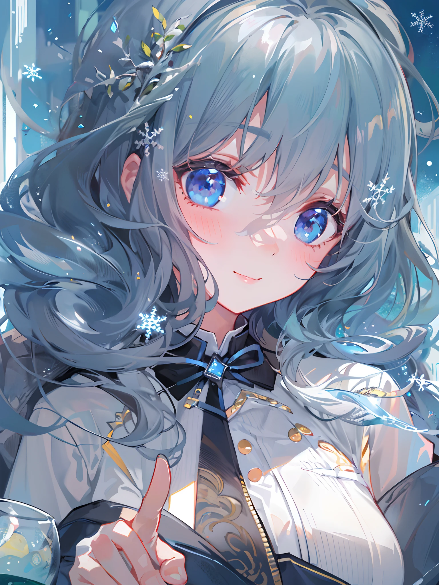 ((top-quality)), ((masterpiece)), ((ultra-detailliert)), (Extremely delicate and beautiful), girl with, 独奏, cold attitude,((Black jacket)),She is very(relax)with the(Settled down)Looks,A dark-haired, depth of fields,Evil smile,Bubble, under the water, Air bubble,bright light blue eyes,inner color with bright gray hair and light blue tips,,,,,,,,,,,,,,,Cold background,Bob Hair - Linear Art, shortpants、knee high socks、White uniform like school uniform、Light blue ribbon ties、Clothes are sheer、Hands in pockets、Bright eyes like sapphire,Fronllesse Blue, A small blue light was floating、Upper Eyes、glass shards、Snowflake Hair Ornament