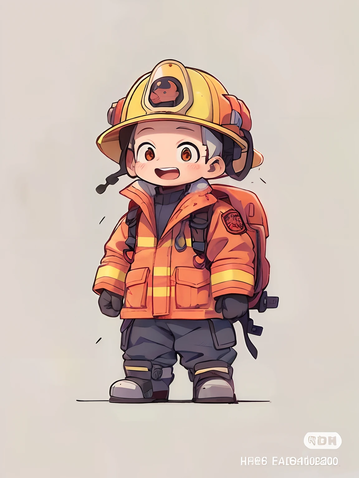 Cartoon firefighter with backpack and helmet, fireman, fireman, Fire!! full bodyesbian, Cute detailed digital art, high quality character design, lovely digital painting, firey, High-quality fanart, Cute cartoon character, Fire fighting equipment, adorable digital art, cute detailed artwork, author:Ryan Yee, Professional character design, fire theme