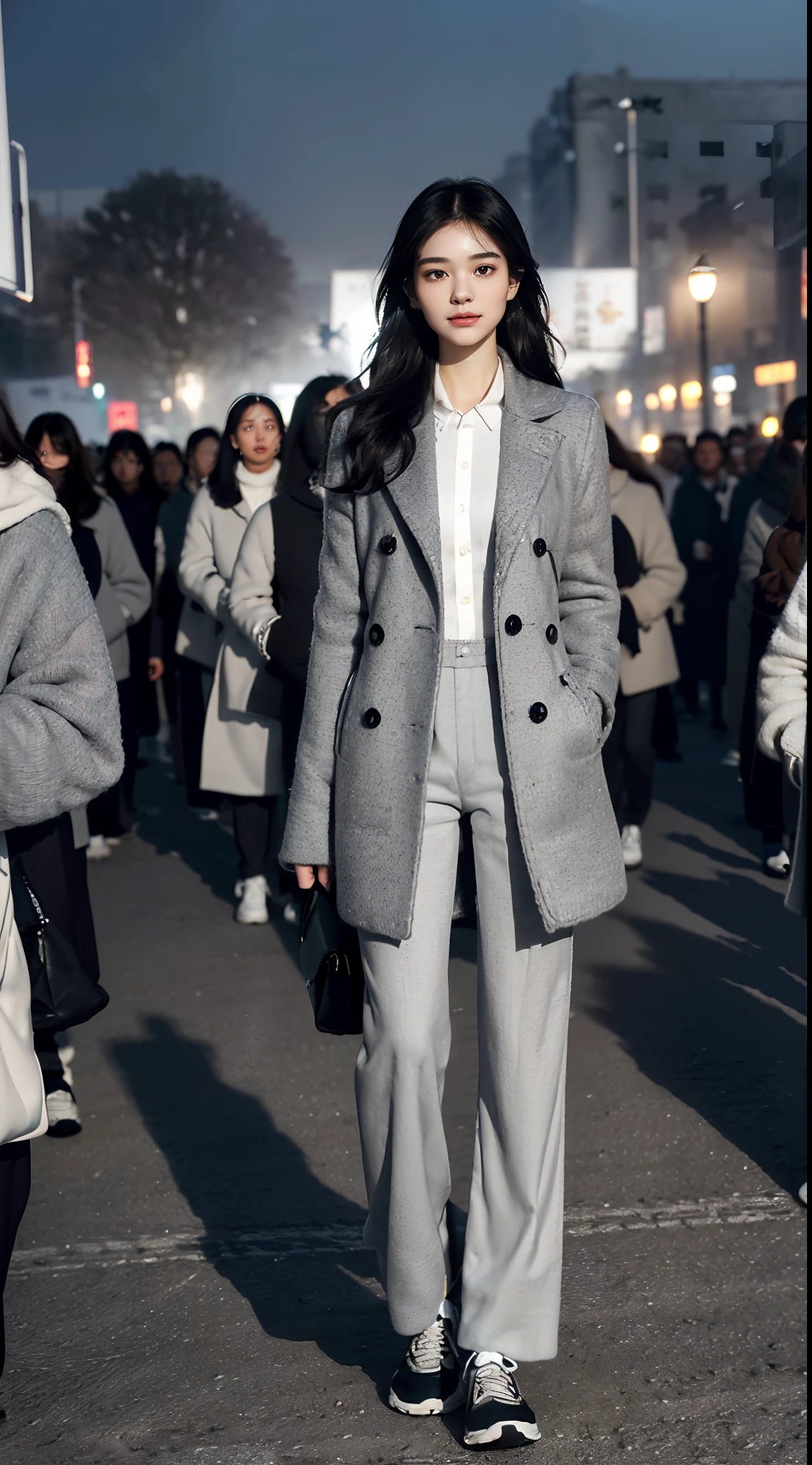 (shoulder length straight short black hair: 1.3),((((8k))),(Extremely meticulous CG) ,(wallpaper),16k,(Extremely refined and beautiful），（Masterpiece），（best qualtiy：1.0），（Ultra High Resolution：1.0），beautiful light up，Perfect lightning，realistic shaded，[A high resolution],(Smooth and flawless fair skin:1.5),Extremely exquisite facial details,(perfect body：1.1),ultra - detailed,A beautiful girl,small head,(short ponytail:0.8),(Small breasts:1.1),Flat chests，slim，thin，Smile，cheerfulness,(maxi light grey woolen coat:1.5),(white collared shirt:1.3),(black pants:1.4),(white sneakers:1.2),slender legs,(nightfall:1.5),Sunset light,(Surrounded by a crowded crowd:1.5),At the school gate,standing,full body,close shot,from front