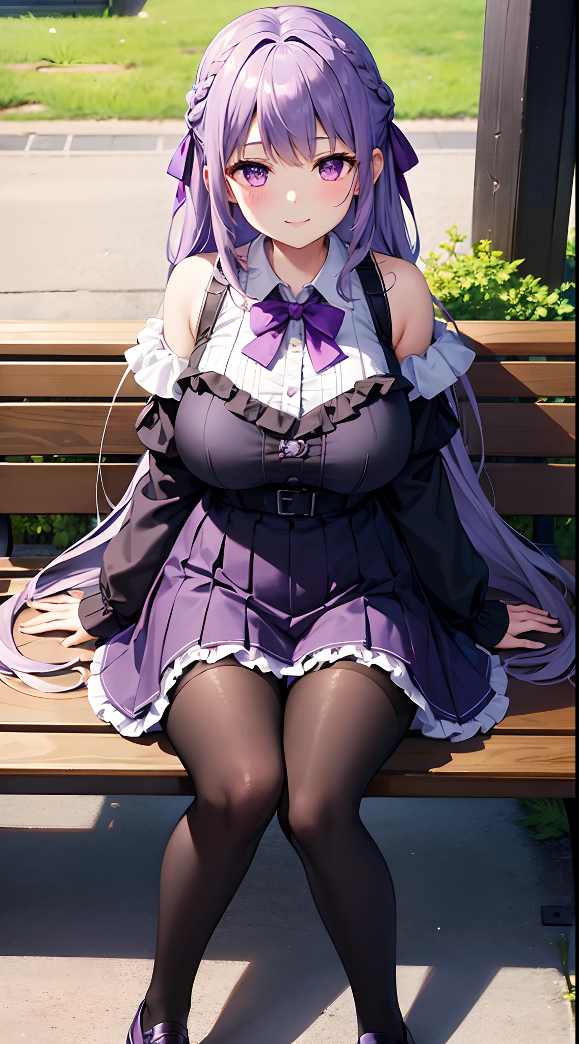 Best Quality, masutepiece, 1girl in, (Solo:1.1), 光线追踪, ultra-detailliert,Detailed face, 8K Wallpaper, wide hips, Fern NDV, 1girl in, Purple hair, Purple eyes, Large breasts, Long hair, Open your clothes, black robes,long white dress, embarrassed from、red blush、(Skirt lift:1.3), (white  panties:1.3)、(Skirt that rolls up:1.3)、(Fully exposed panties:1.5)、outside of house、plein air、cowboy  shot、