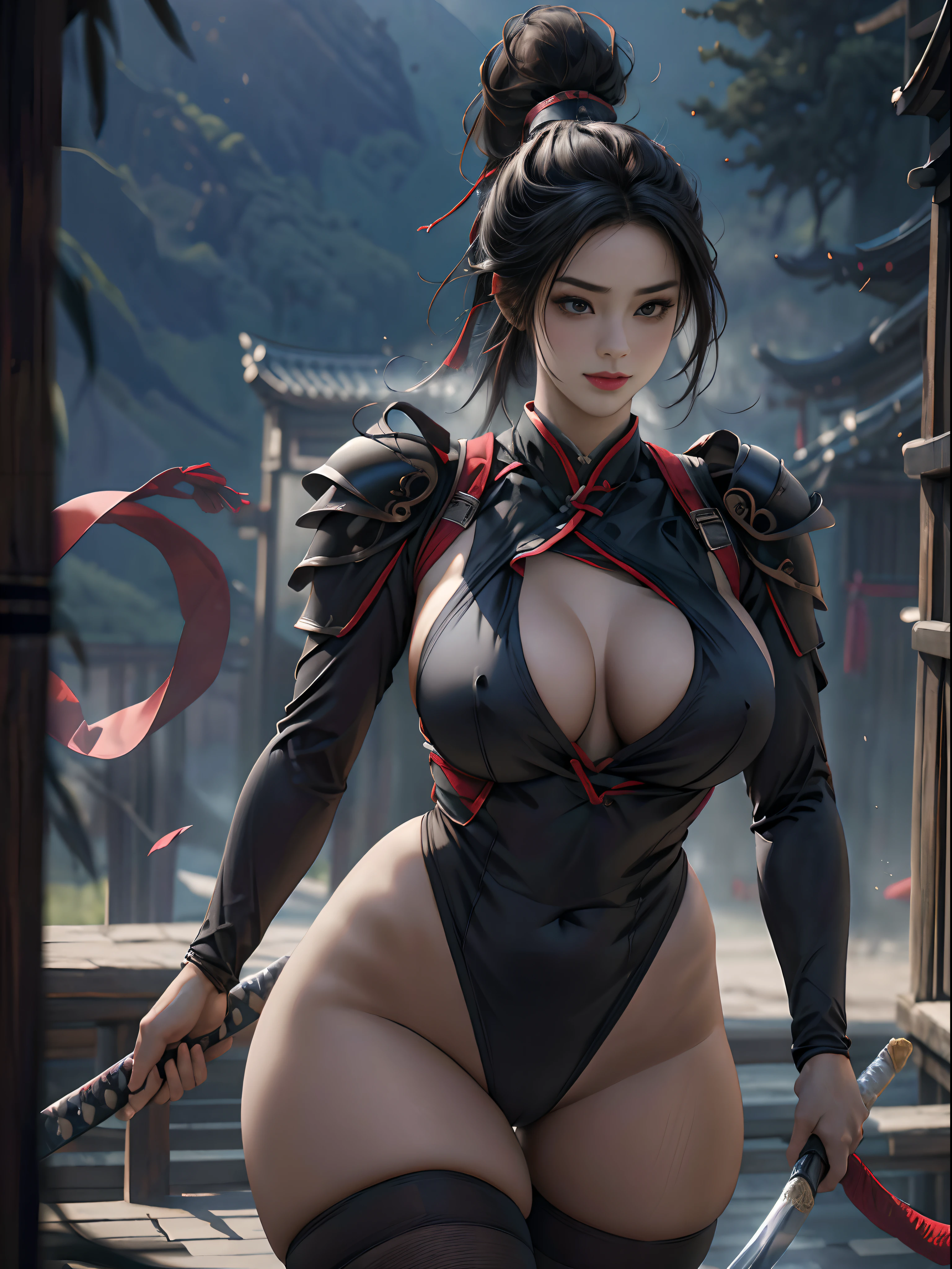(best quality,4k,8k,highres,masterpiece:1.2),ultra-detailed,(realistic,photorealistic,photo-realistic:1.37), Milf, Ninja, High Cut Leotard, armor, ninja_clothes, form fitting outfit, prominent eyes, detailed face, Katana, Chinese style,
