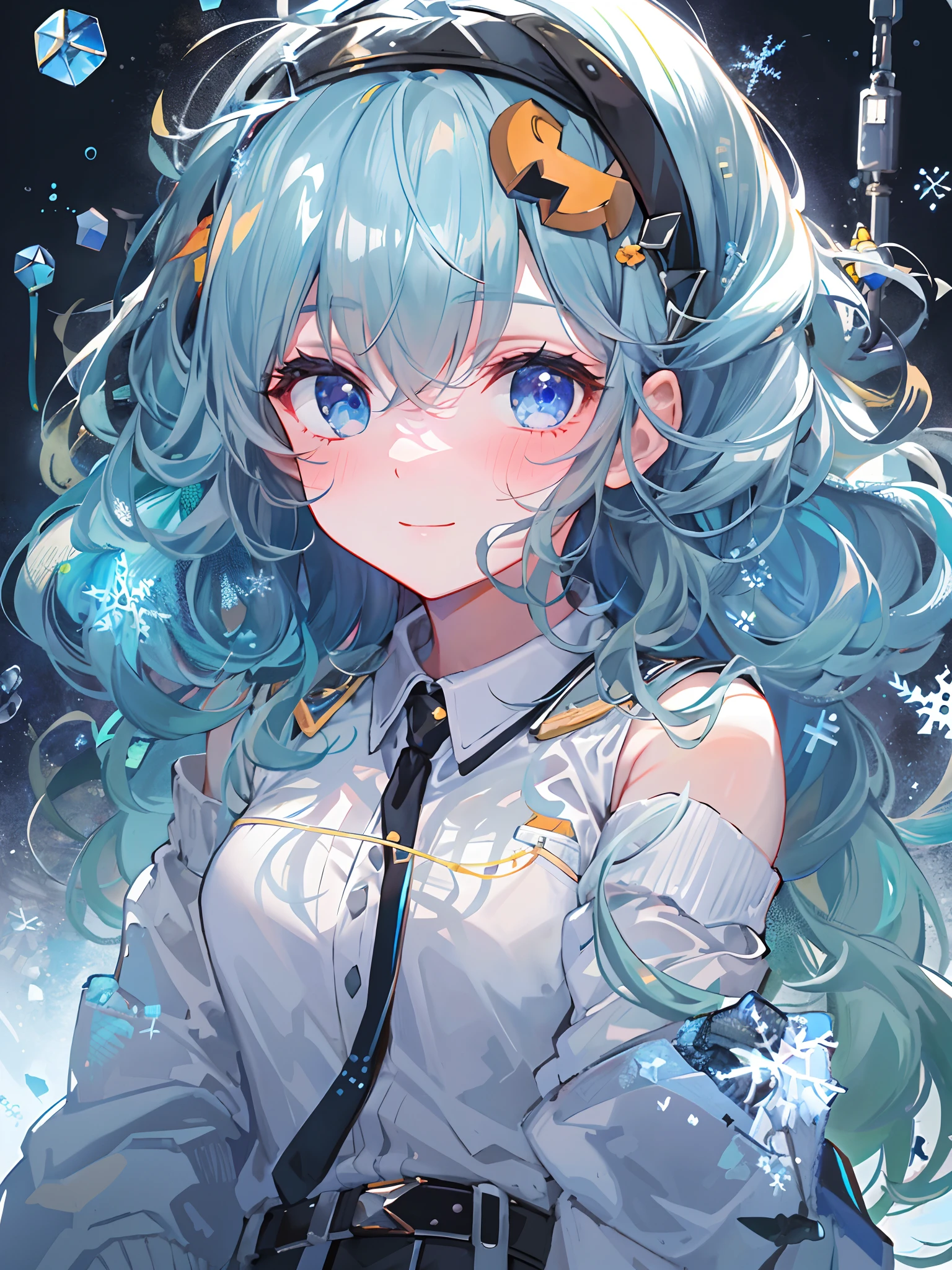 ((top-quality)), ((masterpiece)), ((ultra-detailliert)), (Extremely delicate and beautiful), girl with, 独奏, cold attitude,((Black jacket)),She is very(relax)with the(Settled down)Looks,A dark-haired, depth of fields,Evil smile,Bubble, under the water, Air bubble,bright light blue eyes,inner color with bright gray hair and light blue tips,,,,,,,,,,,,,,,Cold background,Bob Hair - Linear Art, shortpants、knee high socks、White uniform like school uniform、Light blue ribbon ties、Clothes are sheer、Hands in pockets、Bright eyes like sapphire,Fronllesse Blue, A small blue light was floating、Upper Eyes、glass shards、Snowflake Hair Ornament, Halloween, Orange pumpkin、Jack-o'-Lantern