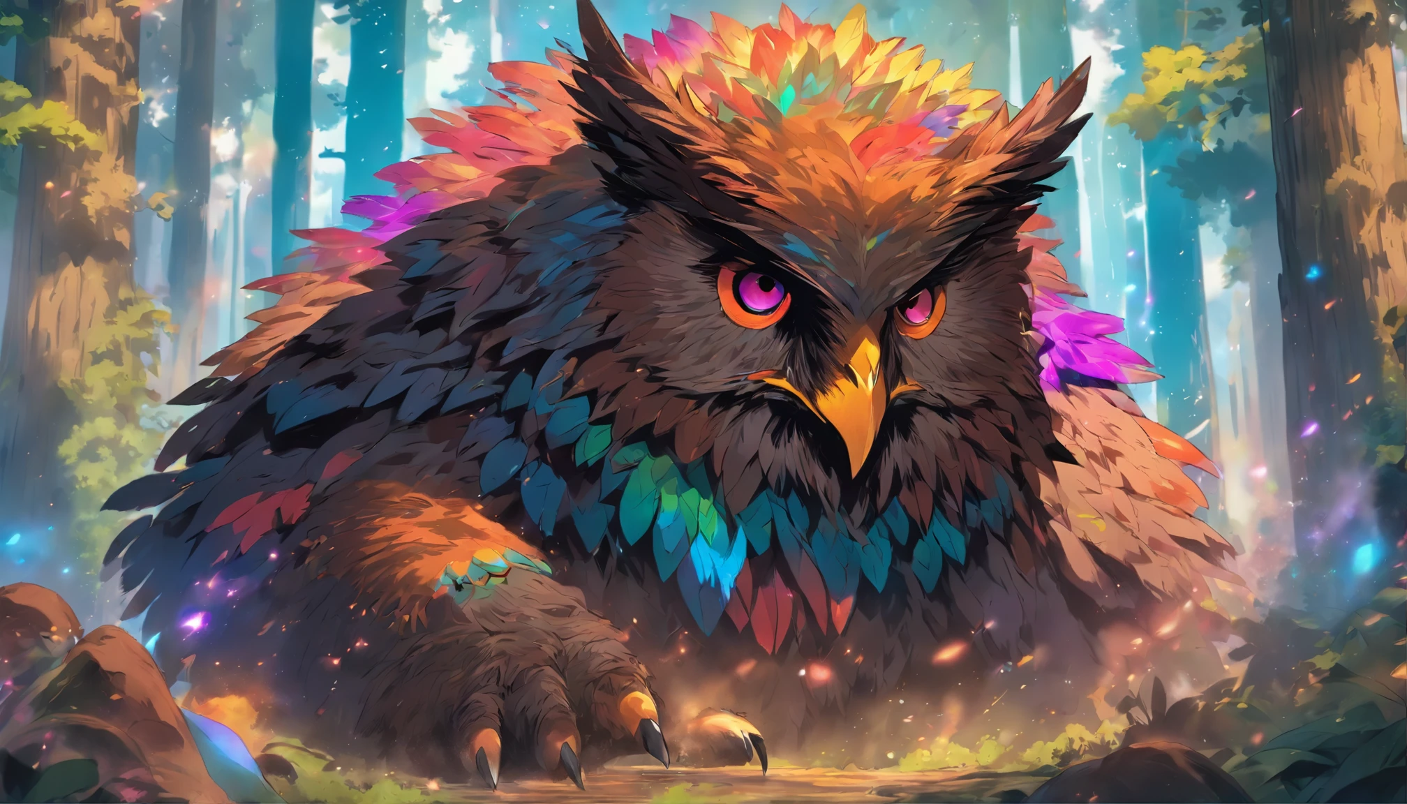 Owlbear, Fantasy Monster, Rainbow Feathers, Long Bear-Like Claws, Dungeons and Dragons, Forest Background, High Detail