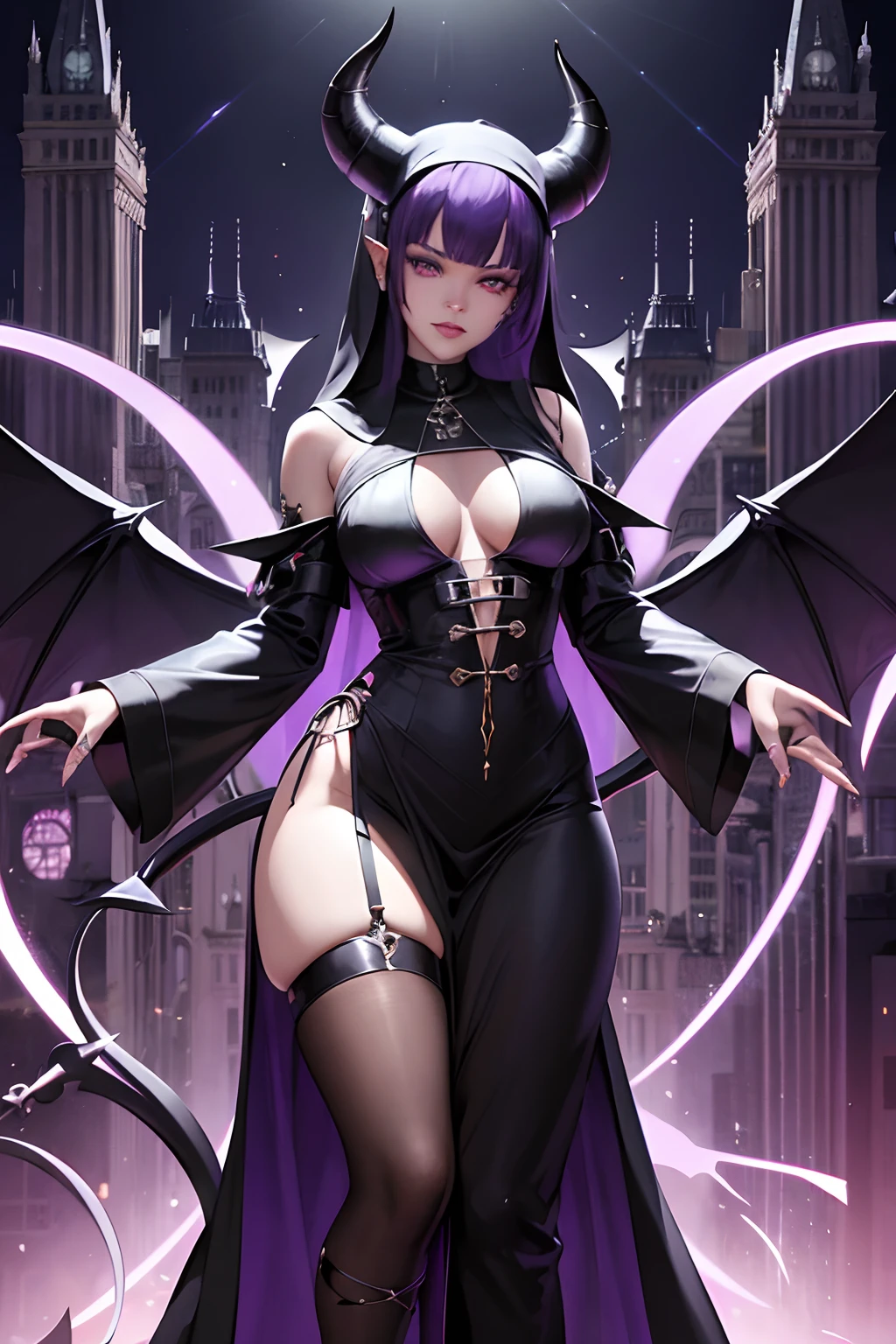 Rihanna : The evil nun, Demon horn, Demon wings on the head , sexy robe de nonne, Powerful bolts of destructive purple energy shoot out of his hands, diabolique, insidieux, His powerful magic hits the buildings of a city , Context of the Satanic Church, detailled eyes, detailed hands