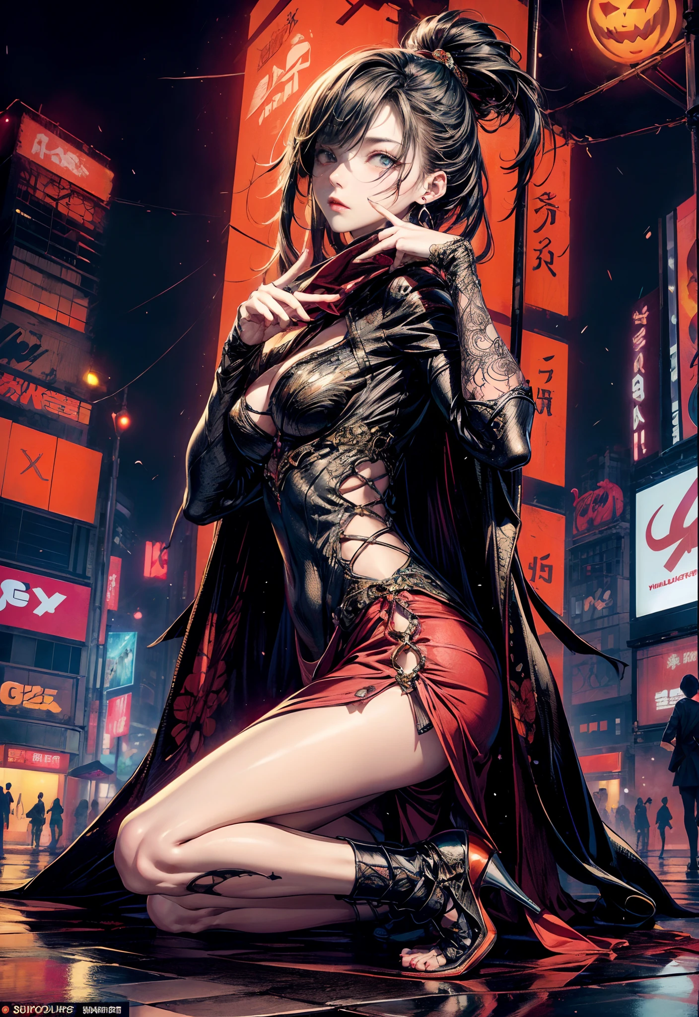 Cinematic lighting,super detailed skin、Beautiful detailed eyes、Best Quality,cyberpunked,(Alternative、dim colors, Soothing tones:1.3),NSFW(1beautiful woman、Detailed beautiful facial features:1.3)(well-shaped breasts、Long coat in red、a miniskirt、Japan-inspired tattoos、Ripped clothes:1.2).(Looks Back、crouching down、Raise your hand up:1.5)(firearm)(Soaring Court、Dynamism:1.4)Shibuya Halloween Night、People in costumes々々々、natta。jpn、Shibuya Crossing、