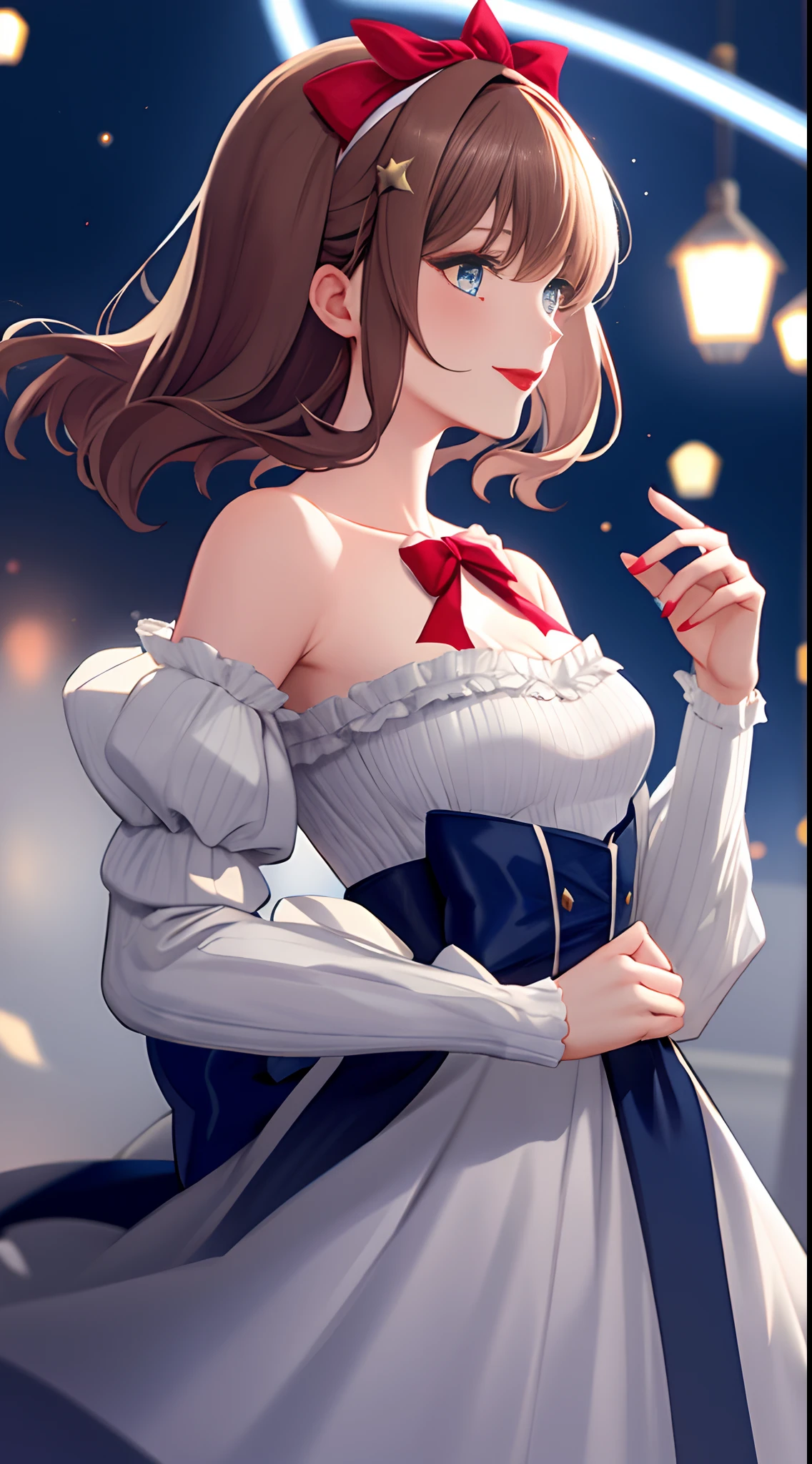 (Extremely delicate and beautiful:1.2),1girll, bangs, Blue eyes, Blurry, The background is blurred out, bow, Brown hair, Closed mouth, From the side Side, hair between eye, Goodbye to hair accessories, hairstyles, lantern, Light particles, Long sleeves, view the viewer, Medium hair, Night, Red bow, Solo, Star \(symbol\), Upper body,Smile,Red lips