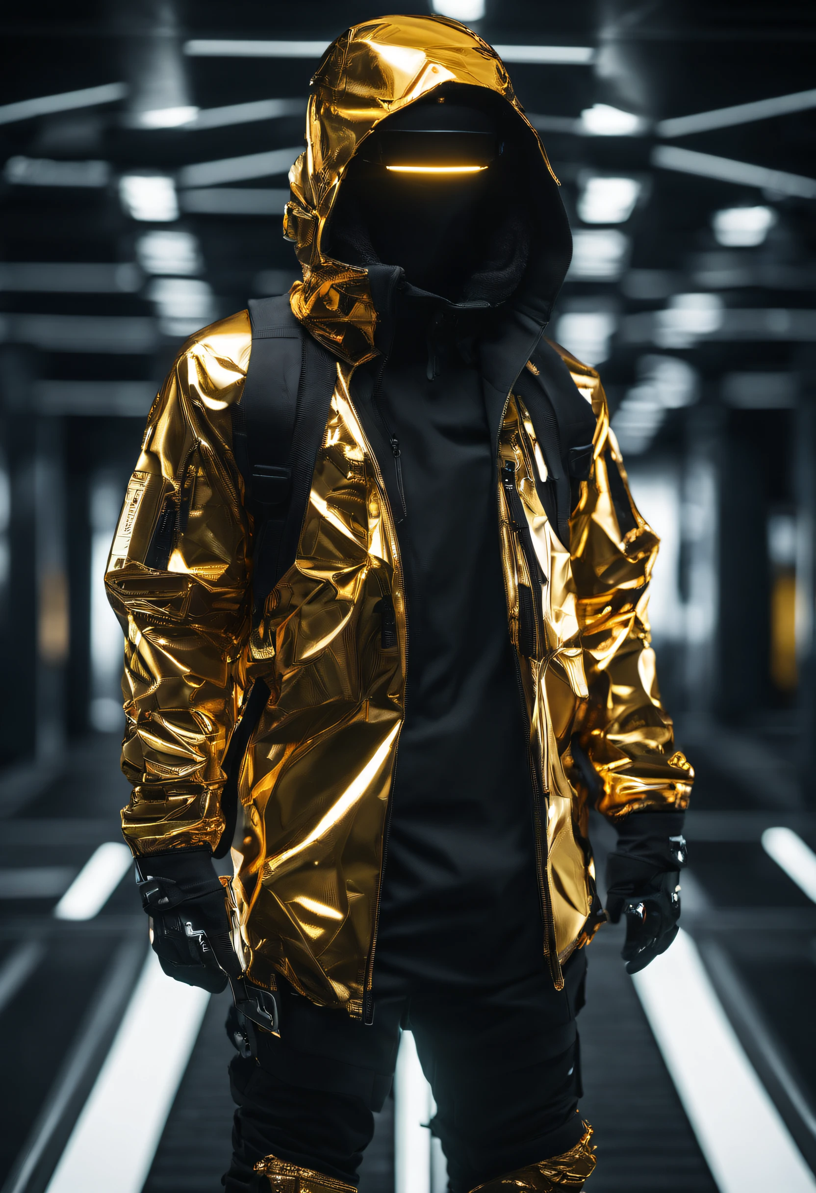 (Golden amber),Fine materials,(Shining Effect),fluorescent light,parkour,Cloud shirts,Underground garage,Realistic characters,Low noise
