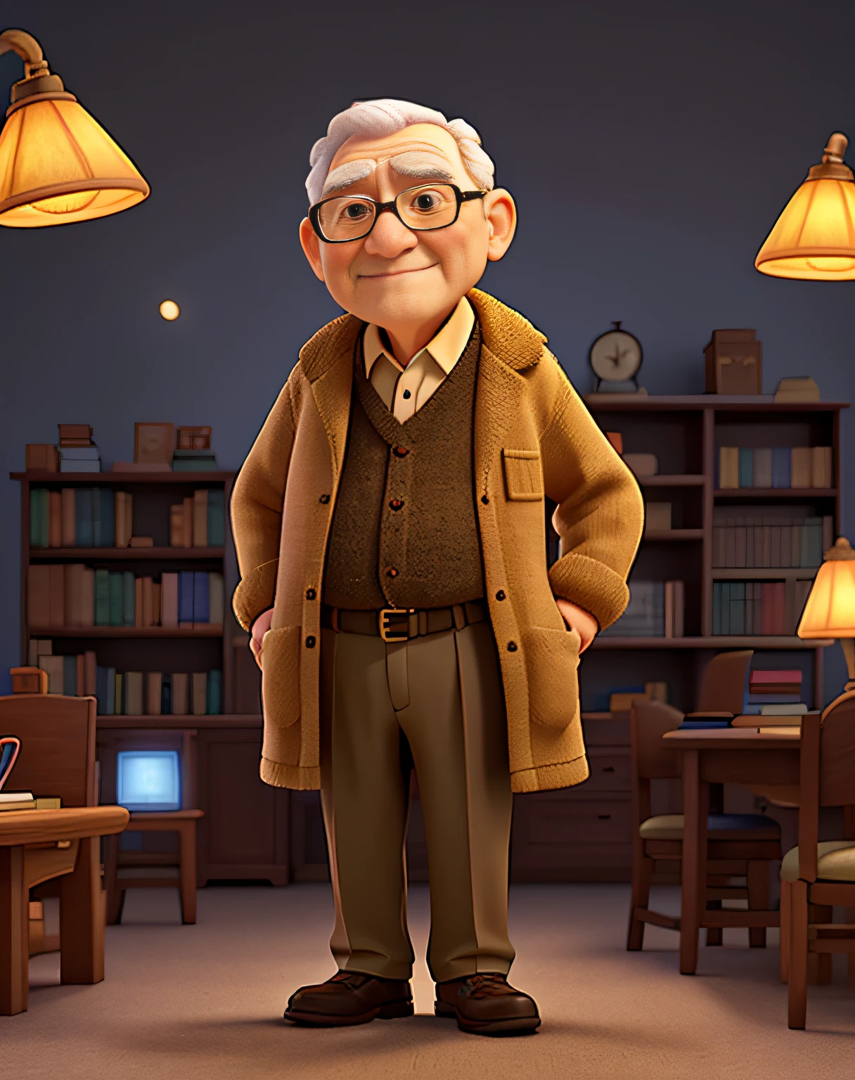 A wise old man standing in front, illuminated by the light of a lamp, against the backdrop of a library