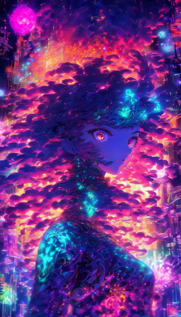 Intense fractal horror, digital glitch entity, electronic virus, cyber goddess, colorful, glowing