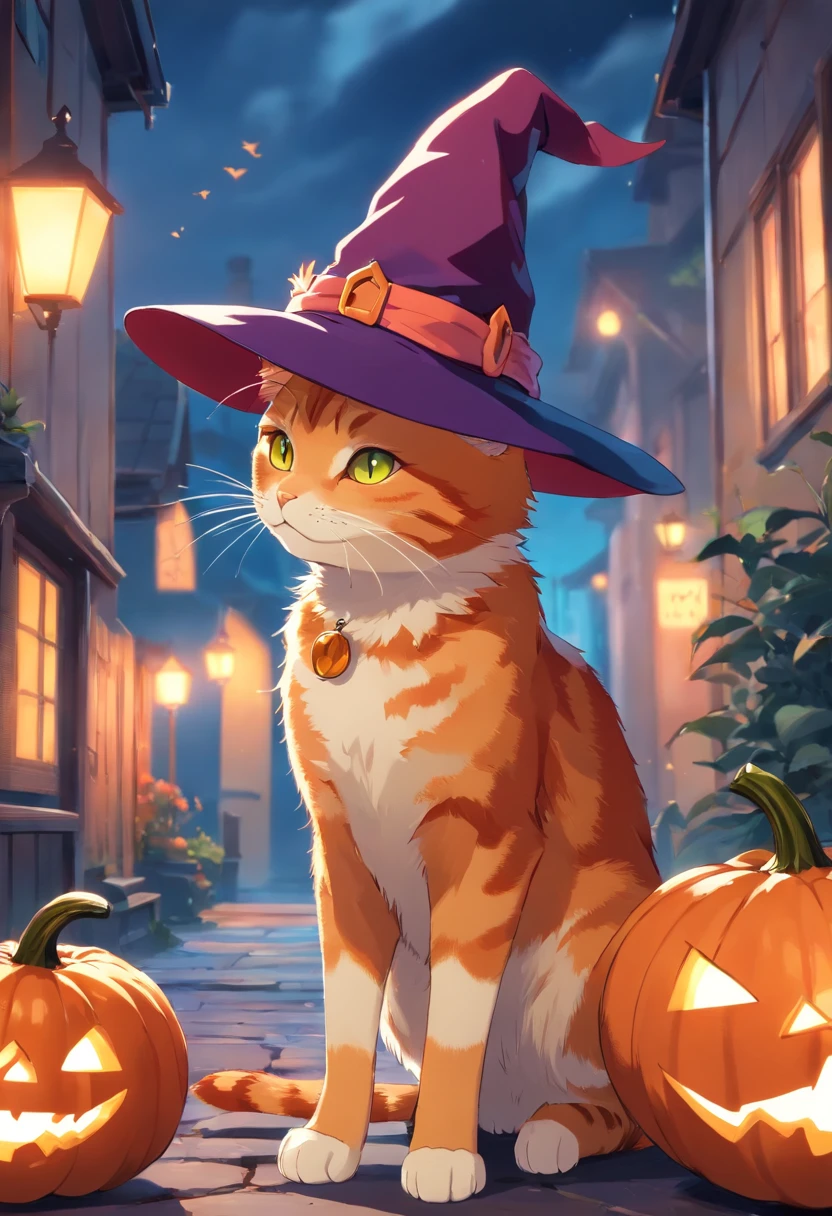 A red tabby cat wearing a witch hat, with a short tail, pumpkin, Halloween, bat, (best quality, 4k, 8k, highres, masterpiece:1.2), ultra-detailed, (realistic, photorealistic, photo-realistic:1.37), magical glow, vibrant colors, glowing eyes, spooky atmosphere, misty background.