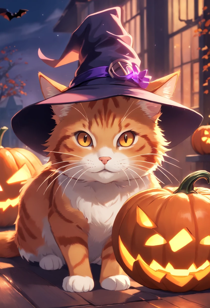 A red tabby cat wearing a witch hat, with a short tail, pumpkin, Halloween, bat, (best quality, 4k, 8k, highres, masterpiece:1.2), ultra-detailed, (realistic, photorealistic, photo-realistic:1.37), magical glow, vibrant colors, glowing eyes, spooky atmosphere, misty background.