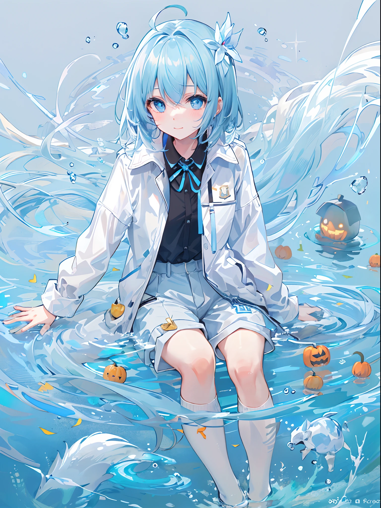 ((top-quality)), ((masterpiece)), ((ultra-detailliert)), (Extremely delicate and beautiful), girl with, 独奏, cold attitude,((Black jacket)),She is very(relax)with the(Settled down)Looks,A dark-haired, depth of fields,Evil smile,Bubble, under the water, Air bubble,bright light blue eyes,inner color with bright gray hair and light blue tips,,,,,,,,,Cold background,Bob Hair - Linear Art, shortpants、knee high socks、White uniform like school uniform、Light blue ribbon ties、Clothes are sheer、Hands in pockets、Bright eyes like sapphire,Fronllesse Blue, A small blue light was floating、Upper Eyes、foodie, Halloween