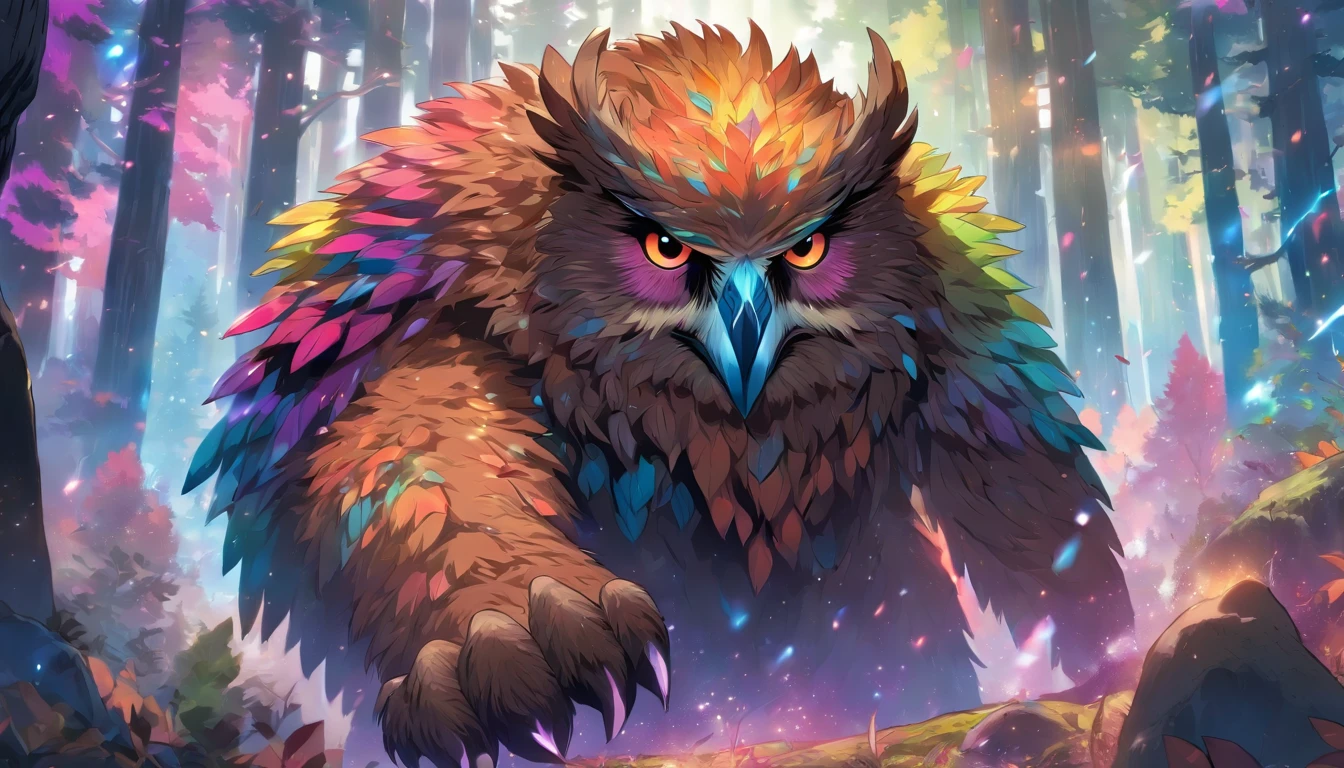 Owlbear, Fantasy Monster, Rainbow Feathers, Long Bear-Like Claws, Dungeons and Dragons, Forest Background, High Detail