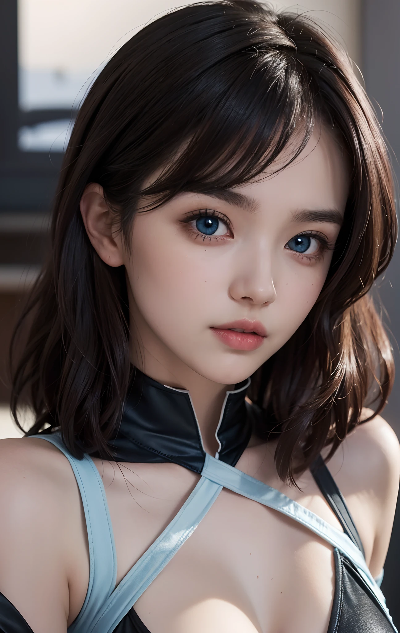 ((Girls at idle level)), masterpiece, The highest image quality, ultra-detailliert, (perfectbody:1.3), (Perfect face+dishevled hair+short curled hair), Close up of, Viewer's Perspective, She bent and lowered her body to match the gaze of the audience。detailed hairs,ssmile、Detailed eyes(realisticeyes),profetional lighting,Beautiful breasts,(Blue Eye),Tight black suit,white shirt,((dark brown hair)),(The background is a Halloween party)