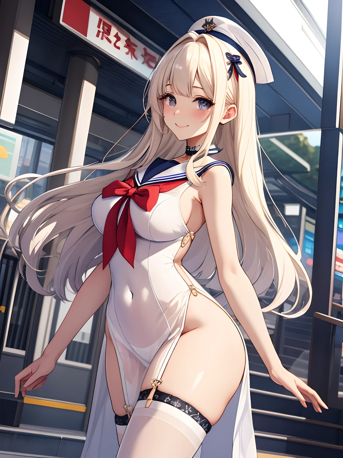top-quality、realistic touch,high-detail、 Erotic sailor suit、High school students、Long body、Sheer costumes、skirts that are too short、Not wearing underwear、big eye、long lashes、Long upper eyelashes、platinum-blonde、cute little、Beautie、A sexy、Commuting to school、full body Esbian、Sparkling eyes、Submissive smile、Flushed cheeks、Kamimei、Big buttocks、thin-waist、Sleeveless、visible from the side、Sexy armpits、Voluptuous thighs、Enraptured look、high-heels