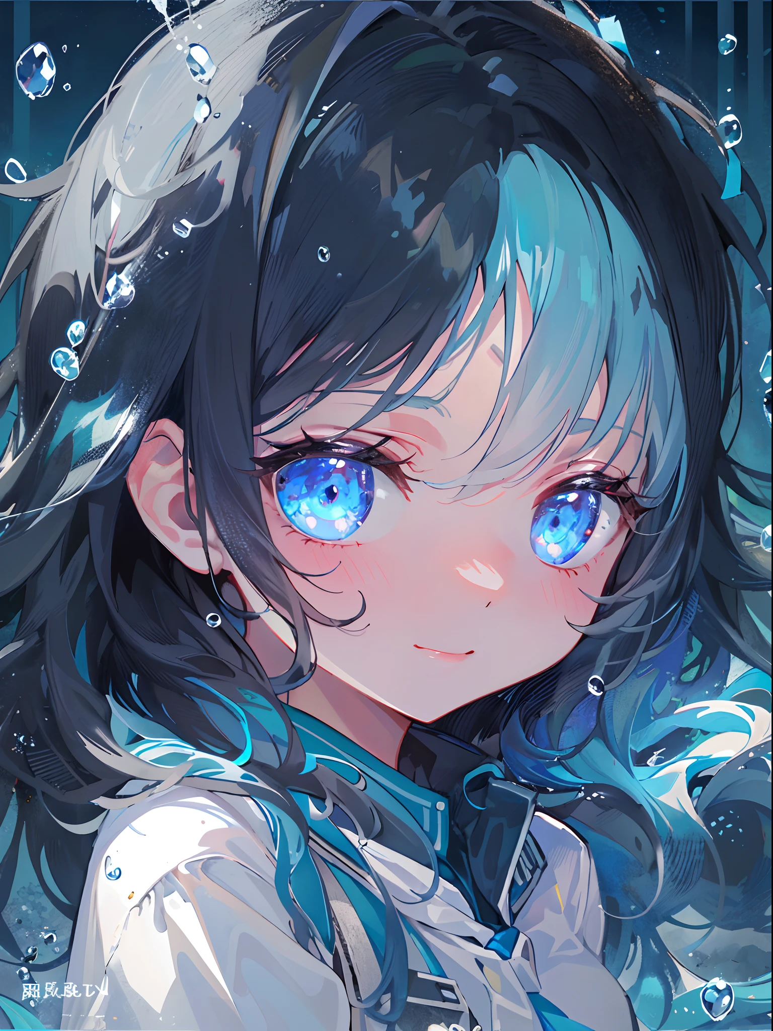 ((top-quality)), ((masterpiece)), ((ultra-detailliert)), (Extremely delicate and beautiful), girl with, 独奏, cold attitude,((Black jacket)),She is very(relax)with the(Settled down)Looks,A dark-haired, depth of fields,Evil smile,Bubble, under the water, Air bubble,bright light blue eyes,inner color with bright gray hair and light blue tips,,,,,,,,,Cold background,Bob Hair - Linear Art, shortpants、knee high socks、White uniform like school uniform、Light blue ribbon ties、Clothes are sheer、Hands in pockets、Bright eyes like sapphire,Fronllesse Blue, A small blue light was floating、Upper Eyes、foodie, Halloween