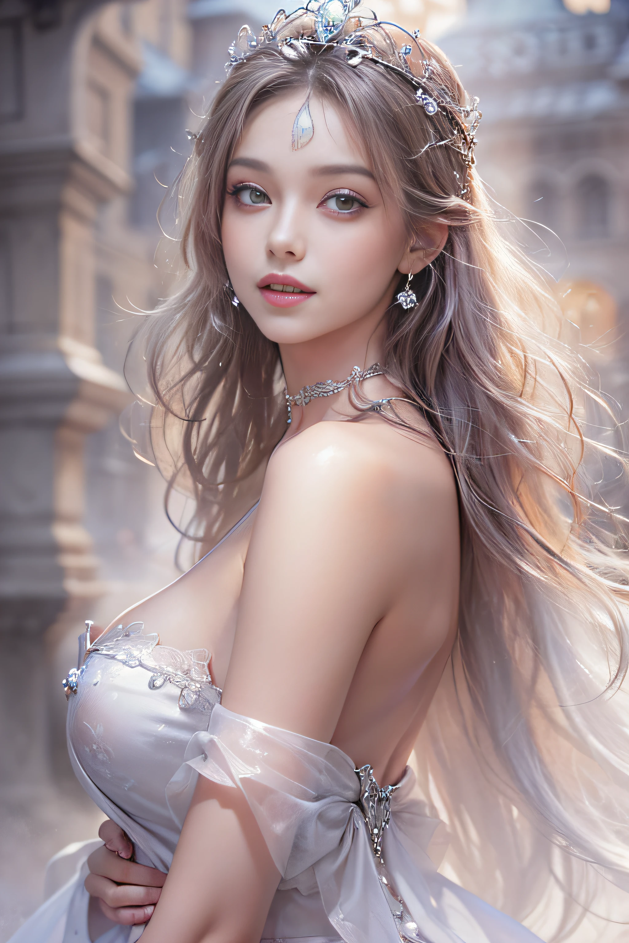 ((tmasterpiece:1.4)、(top-quality:1.4)、(reallistic:1.7))、By Luis Royo(By Luis Royo)Surreal portrait of a beautiful girl、Super beautiful girl、((1girl in:1.4))、Shiny natural skin texture、(The Queen's Gorgeous Costume)、(Off-the-shoulder white one-piece mini skirt type type:1.4)、((up skirt)),Authors:By Luis Royo(By Luis Royo)、age19、(Two arms:1.4、Two legs:1.4)、(perfect anatomia:1.4)、(Perfect female body:1.4)、Portrait photo of a girl、Close-up photos、Upper body photography、Fantasyart、Soft front light、Beautiful expression、kawaii faces、Beautiful udder、large full breasts:1.2、Beautiful ass、A detailed eye、Clearly eye-catching, beautiful and alluring、beautidful eyes、Narrow waist、Raw photo、red rip、Arrange your long hair as cool as a queen、(tiara crown:1.4、choker necklace:1.4、a necklace:1.4、耳Nipple Ring:1.4)、1 screen display、((In front of the city walls、Woman standing in front of bench)),((Translucent off-shoulder white dress))、((A smile)),((posterior view))、((Looks Back))、((White T-back panties visible)),