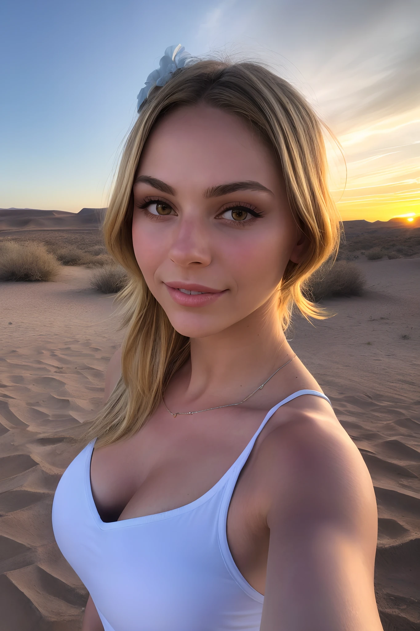 1 gorgeous blonde, Short hair ((Upper Body Selfie, Happy)) Hot, full breasts, silky skin (sweaty body), Masterpiece, Best Quality, Ultra-detailed, 独奏, Outdoor selfie next to the pyramid in the desert (well detailed, intricate details),(Day),(Sunset) cheerful, Happy, sexy pose, Contrast, clean sky, style of, (warm hue, warm tone): 1.2), a closeup of a , cinematiclight, Side lighting, extra high resolution, better shadow, Raw, upper-body.