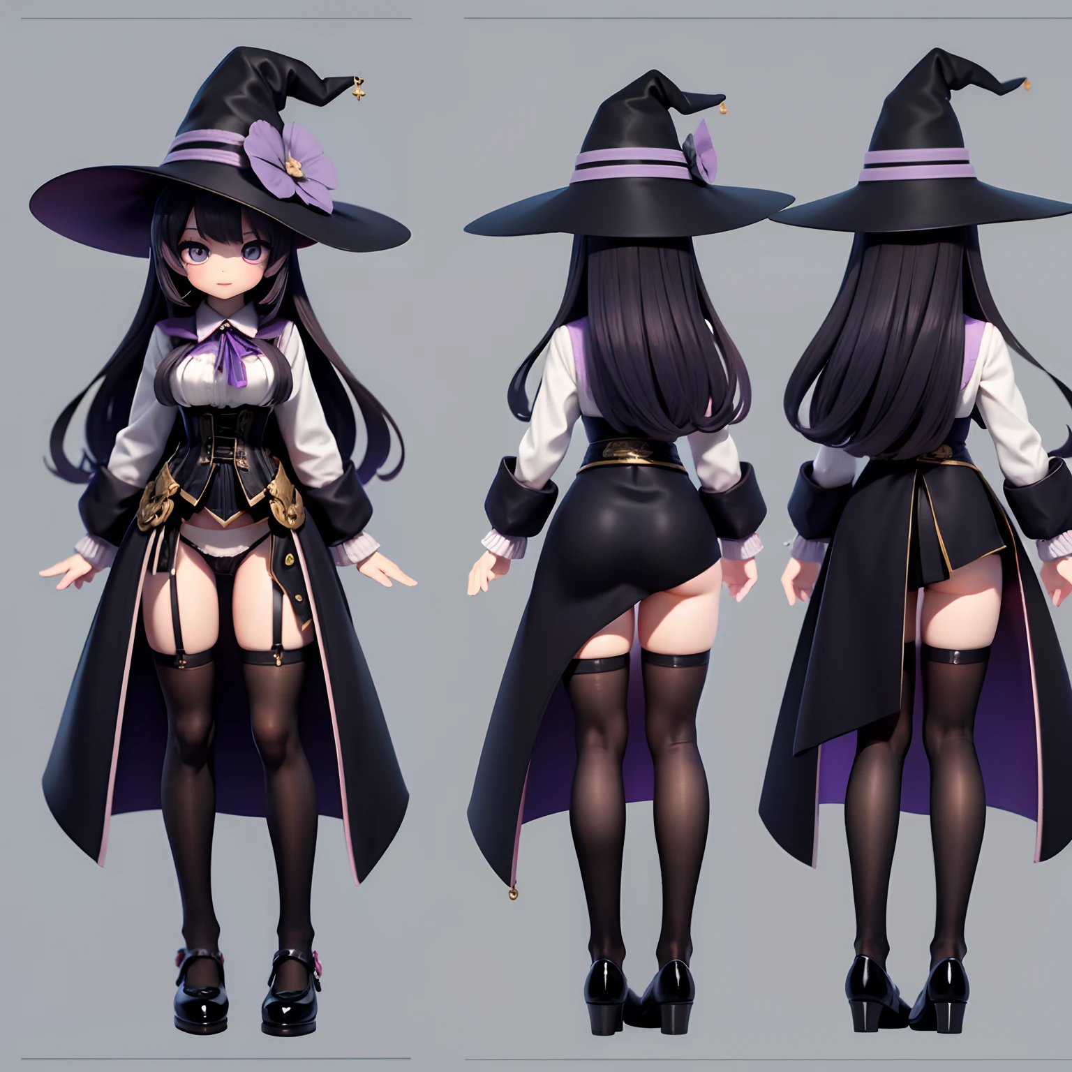 ((masterpiece)),(((best quality))),(character design sheet, same character, front, side, back, up), illustration, 1 girl, genshin impact style, full body, witch , purple witch hat, long black hair, medium breasts, purple mini skirt, corset, white shirt, open legs, black panties, exposed panties, thick mules, tight stockings, white background, beautiful woman