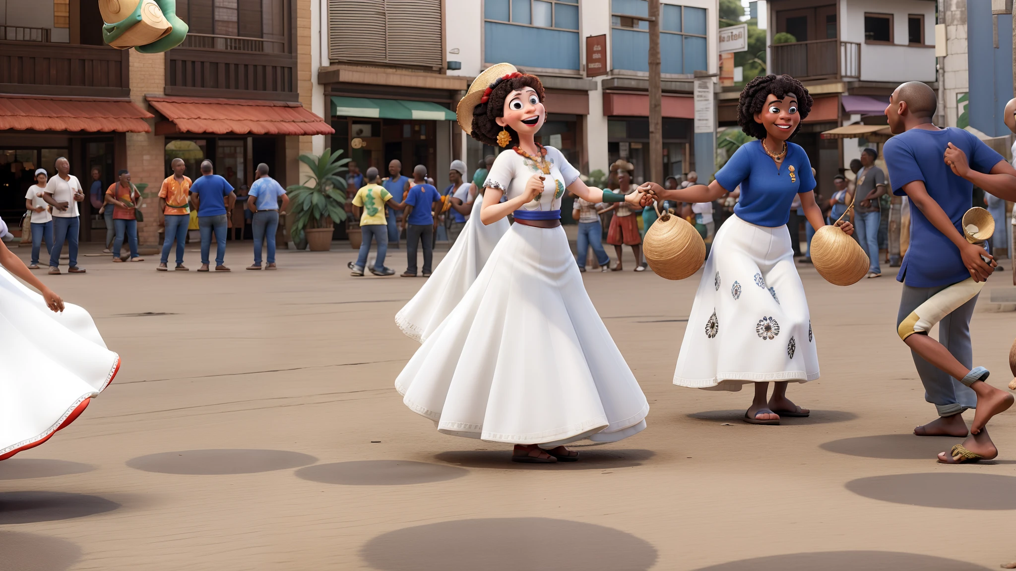 Pixar, White woman playing Agbe and dancing maracatu in downtown SP