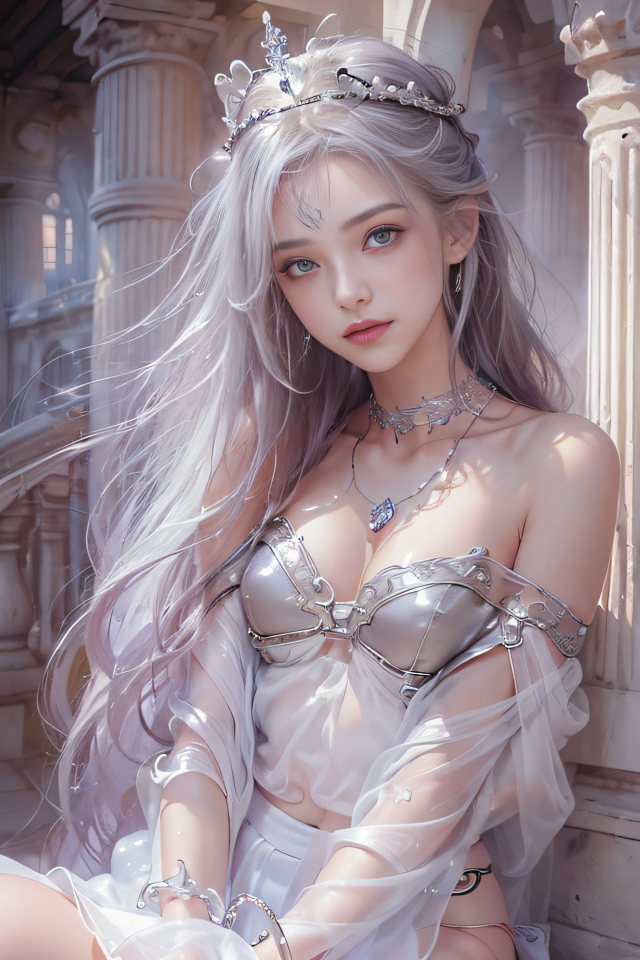 ((tmasterpiece:1.4)、(top-quality:1.4)、(reallistic:1.7))、By Luis Royo(By Luis Royo)Surreal portrait of a beautiful girl、Super beautiful girl、((1girl in:1.4))、Shiny natural skin texture、(The Queen's Gorgeous Costume)、((Sheer off-the-shoulder white one-piece mini skirt type:1.4))、((up skirt)),Authors:By Luis Royo(By Luis Royo)、age19、(Two arms:1.4、Two legs:1.4)、(perfect anatomia:1.4)、(Perfect female body:1.4)、Portrait photo of a girl、Close-up photos、Upper body photography、Fantasyart、Soft front light、Beautiful expression、kawaii faces、Beautiful udder、large full breasts:1.2、Beautiful ass、A detailed eye、Clearly eye-catching, beautiful and alluring、beautidful eyes、Narrow waist、Raw photo、red rip、Arrange your long hair as cool as a queen、(tiara crown:1.4、choker necklace:1.4、a necklace:1.4、耳Nipple Ring:1.4)、1 screen display、((In front of the city walls、Woman standing in front of bench)),((Translucent off-shoulder white dress))、((A smile)),((posterior view))、((Looks Back))、((White T-back panties visible)),((erection)),