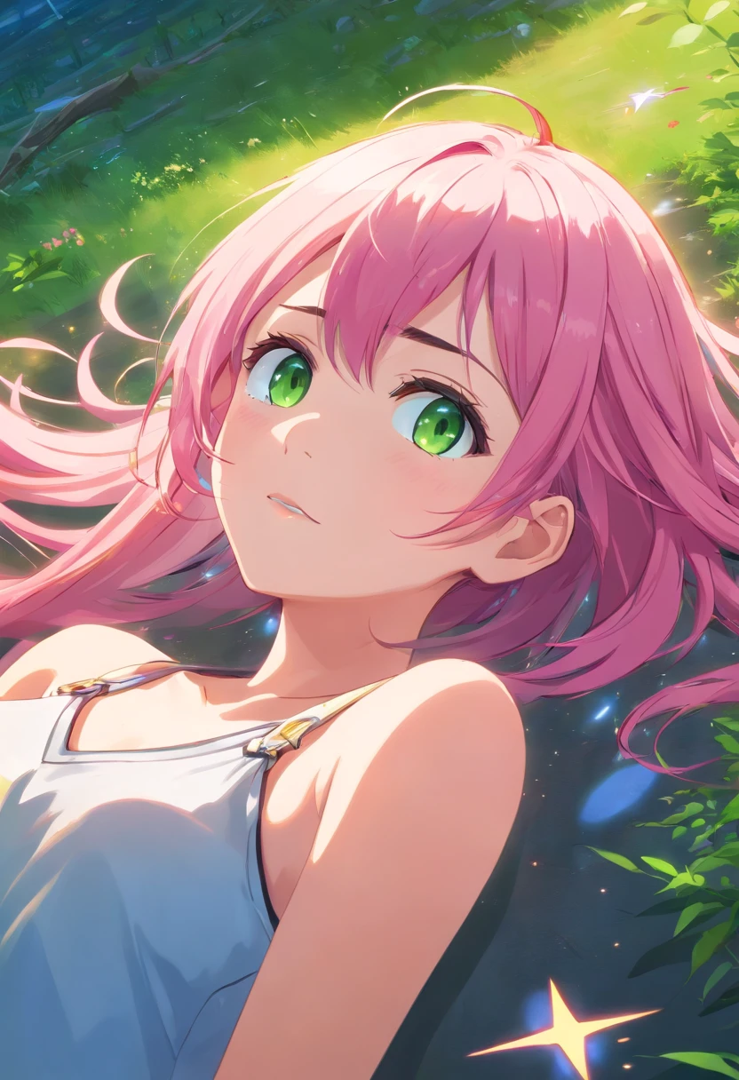 (((Masterpiece))) (1 girl) (Pink hair, Long hair, Straight hair, Both sides up) (Green eyes), Beautiful face, eye shadows, eyes liner, Glow eyes, hyper detail eyes, complex eyes, Beautiful eyes, Detailed eyes, ((Star-shaped pupils, Glowing pink pupils)) 18-year-old girl. ((Humph)). Smile. full bodyesbian. florest background. Lie down.
