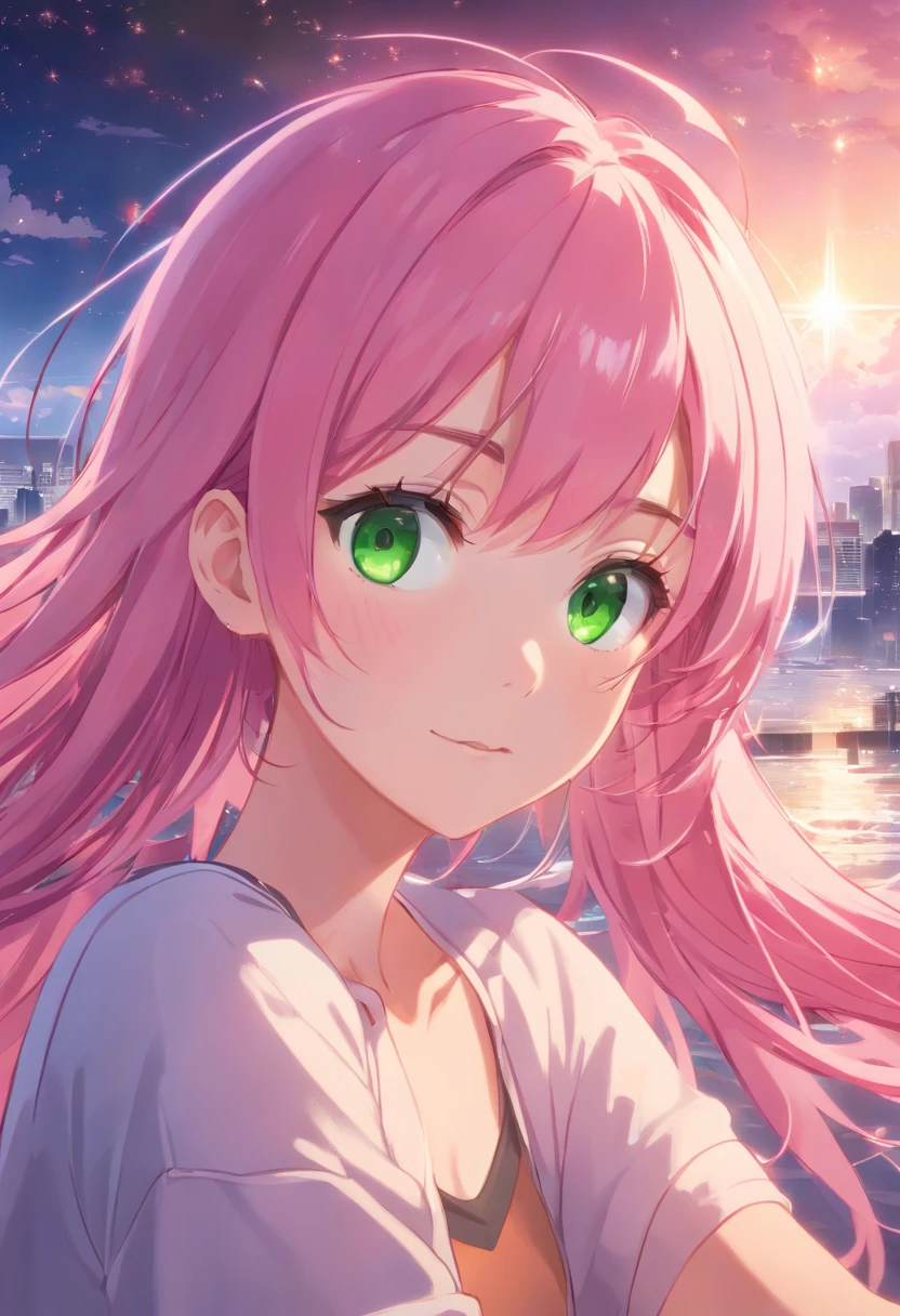 (((Masterpiece))) (1 girl) (Pink hair, Long hair, Straight hair, Both sides up) (Green eyes), Beautiful face, eye shadows, eyes liner, Glow eyes, hyper detail eyes, complex eyes, Beautiful eyes, Detailed eyes, ((Star-shaped pupils, Glowing pink pupils)) 18-year-old girl. ((Humph)). Smile. full bodyesbian. florest background. Lie down.