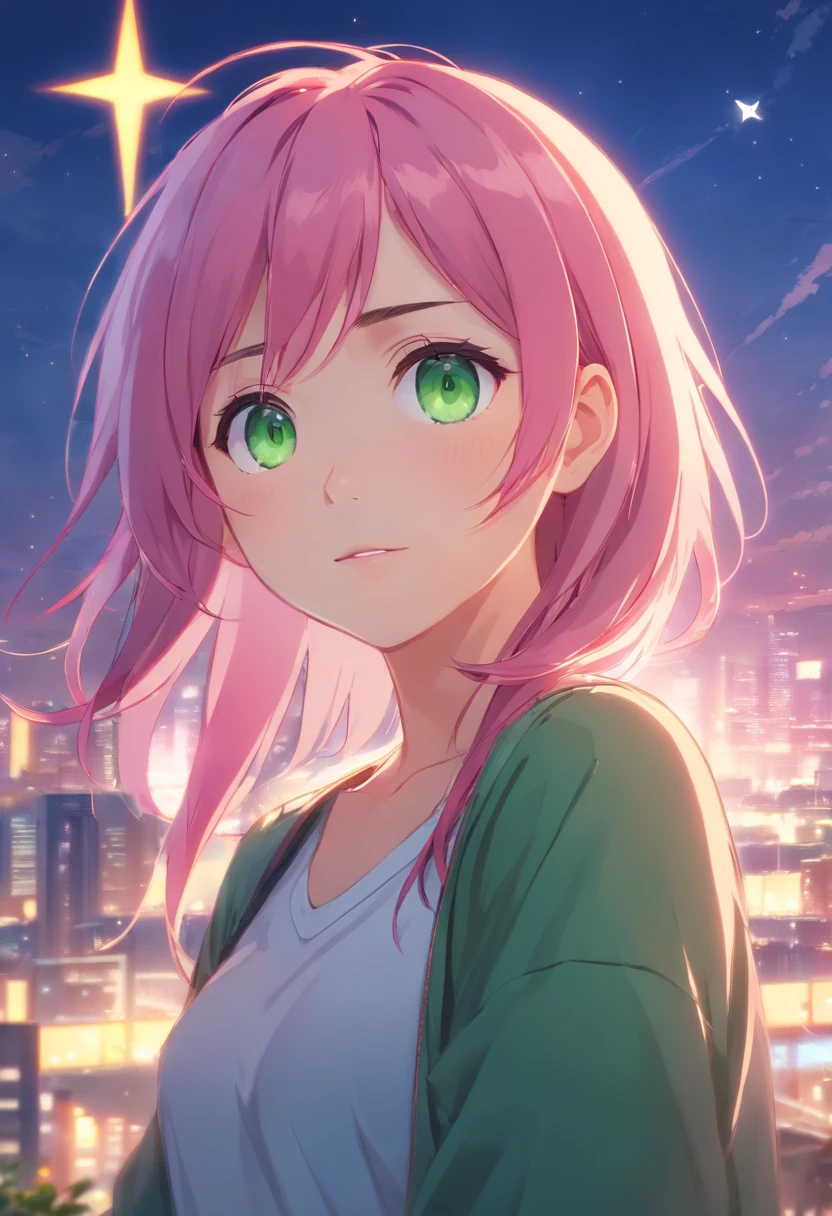 (((Masterpiece))) (1 girl) (Pink hair, Long hair, Straight hair, Both sides up) (Green eyes), Beautiful face, eye shadows, eyes liner, Glow eyes, hyper detail eyes, complex eyes, Beautiful eyes, Detailed eyes, ((Star-shaped pupils, Glowing pink pupils)) 18-year-old girl. ((Humph)). Smile. full bodyesbian. florest background. Lie down.