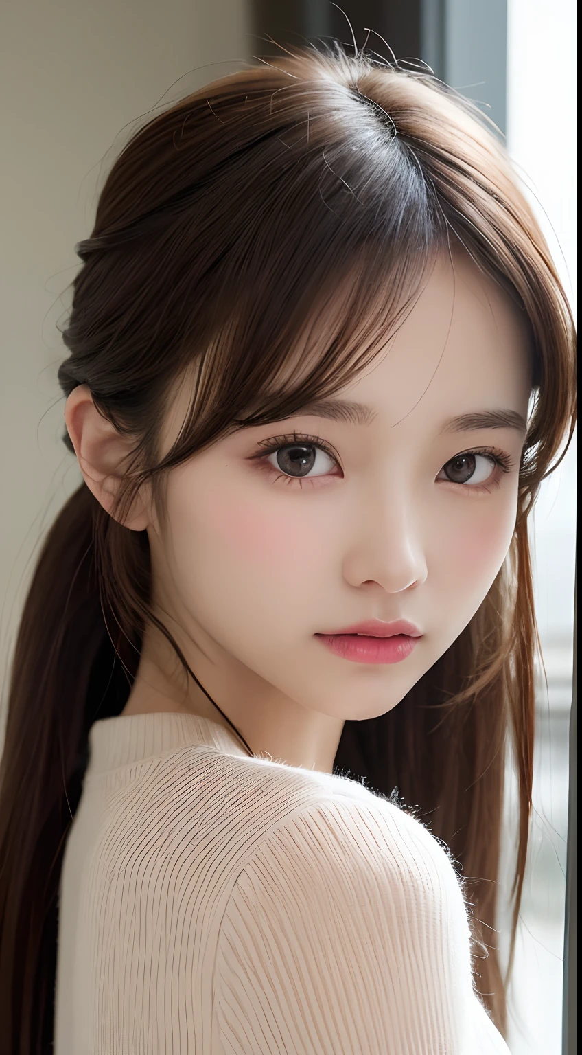 , face close-up ,**-****-*** girl, (cute), (:1.6),Big Mouth , Thick lips,  moist lips  , full lips,Lips that shine with lip gloss, pink,  Very detailed,Long Bob Hair, Facing Front、 (masterpiece,  side lighting ,  Stylish eye makeup with attention to detail: 1.2) (Perfect oval, Big eyes that stare at the viewer )、Watery eyes、Beautifully detailed face, (  attractive若い女性:1.3), ( attractive:1.1), (:1.1)、Interior lighting