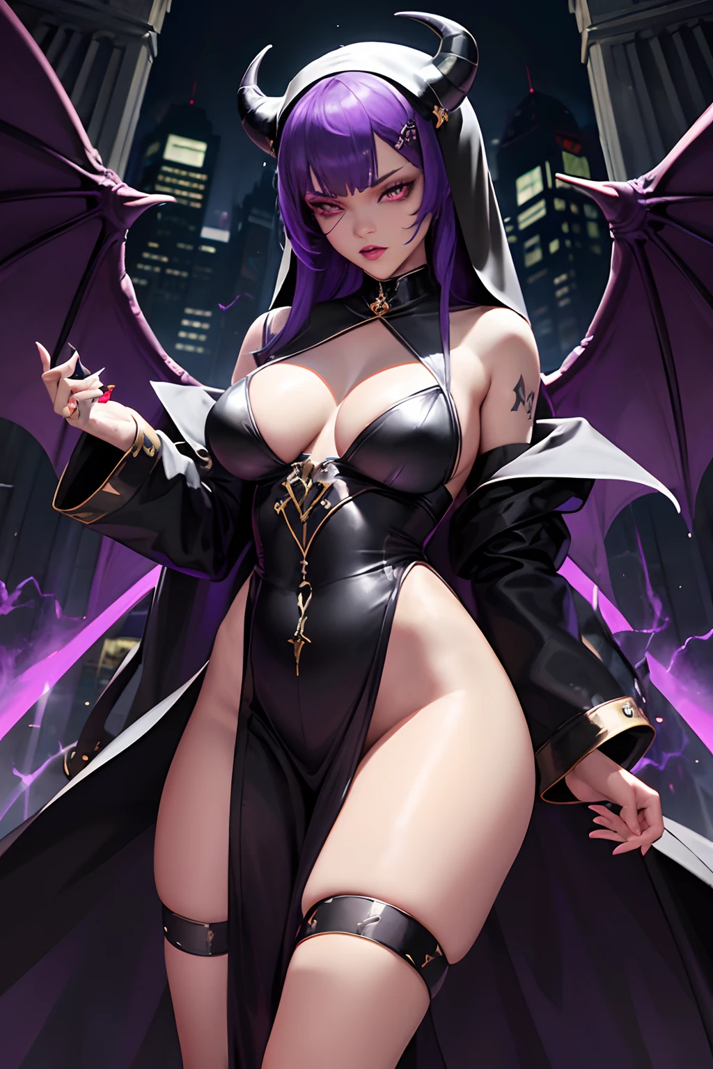 Rihanna : The evil nun, Demon horn, Demon wings on the head , sexy robe de nonne, Powerful bolts of destructive purple energy shoot out of his hands, diabolique, insidieux, His powerful magic hits the buildings of a city , Context of the Satanic Church, detailled eyes, detailed hands