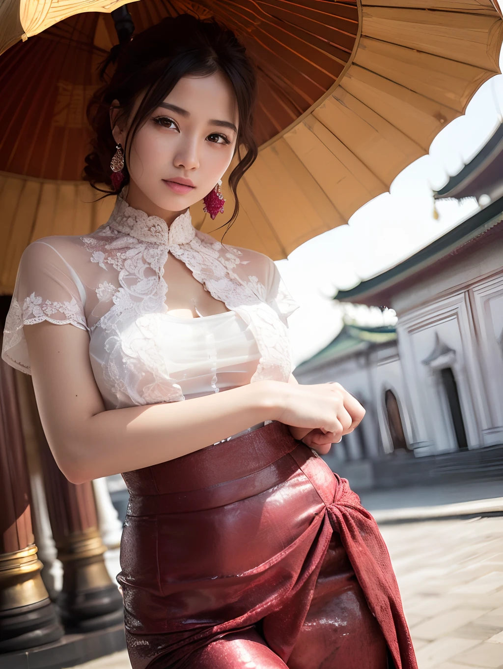 (64K,UHD, best quality, masterpiece:1.2), (realistic, photo-realistic:1.37), ultra-detailed, 1 girl, cute, solo,RAW photo, myanmar traditional dresses, professional lighting, light on face,(fashion clothes:1.3), (fashion hairstyle: 1.3) dynamic poses, looking at viewer, simple background with pagoda,