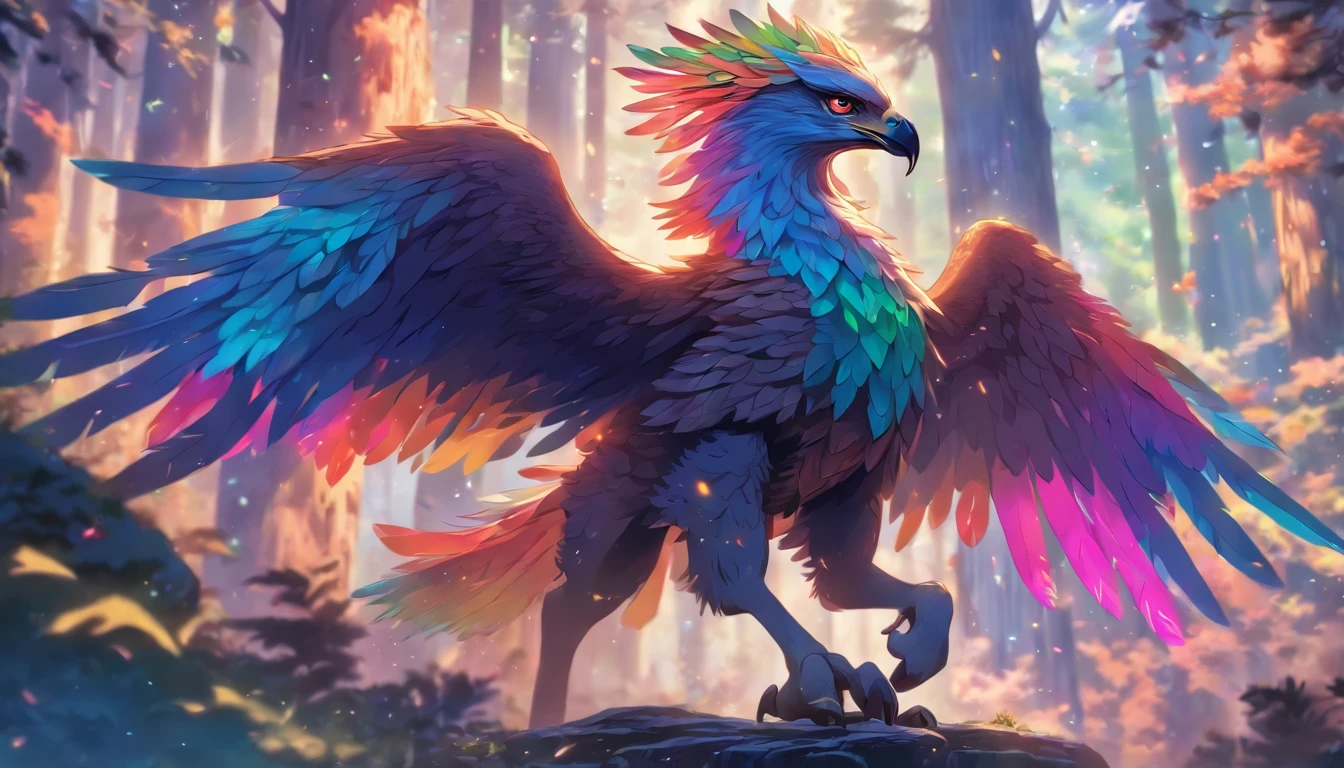 Peryton, Fantasy Monster, Rainbow Feathers, Half Deer, Half Eagle, Eagle Talons, Dungeons and Dragons, Forest Background, High Detail