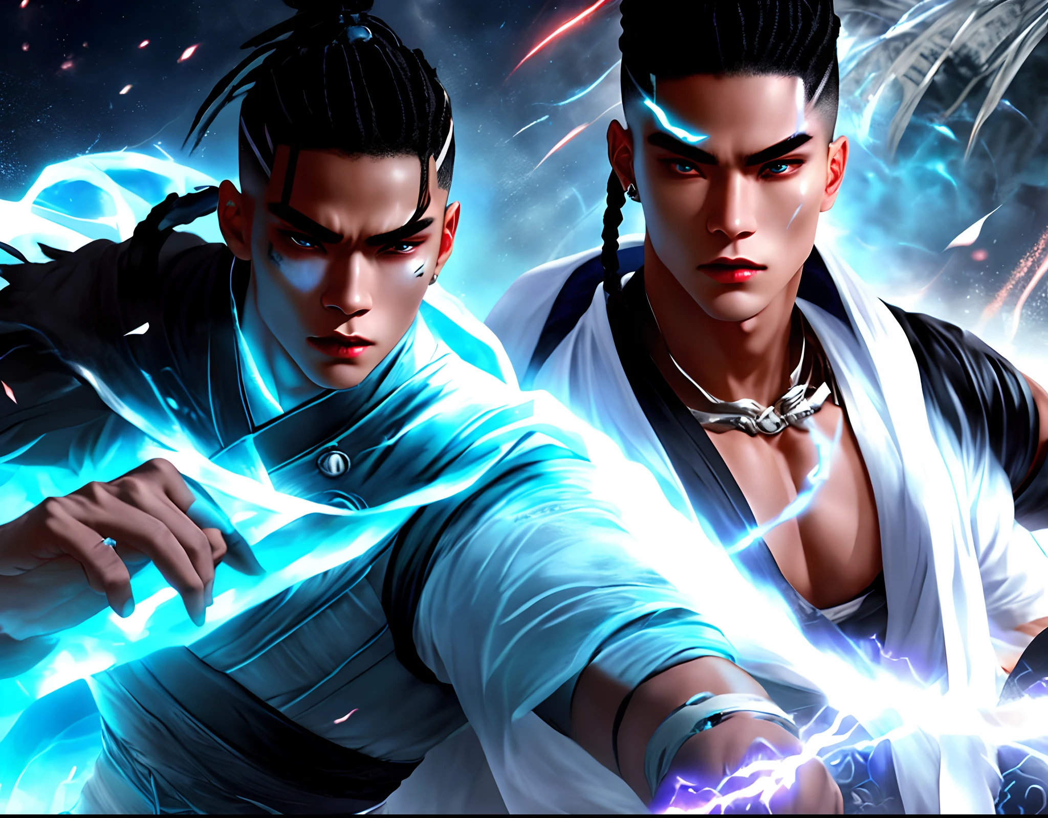 A young mixed-race man with thin short braids resembling a ninja from the future and with a scar on his cheek with an aura of cyan energy around his body and especially around his whole arm and with a serious and slightly angry expression and futuristic ninja clothes fights against a monster resembling a completely black man and muscular with round and white eyes and An all-white demonic smile with a huge amount of sharp teeth without hair holding on his hand a kind of little white light without a nose with sharp fingers with a very creepy posture that is scary fighting on an unknown planet