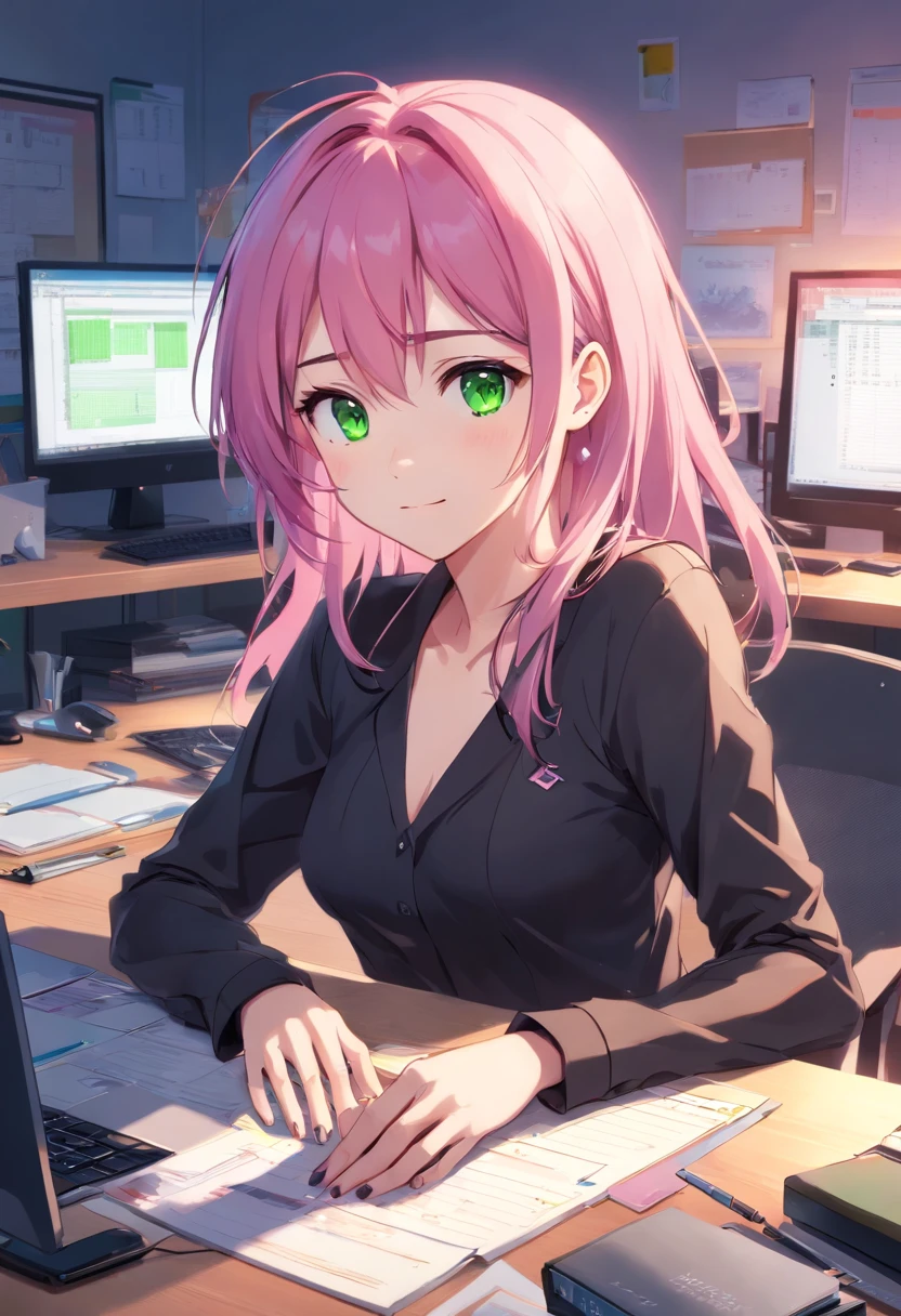 There is a woman sitting at her desk playing with her phone, working in an office, At the office, working, working in her laptop computer, sitting in office, sitting in front of the computer, In the office, working on a laptop at a desk, sitting at a computer desk, sitting in front of the computer, in front of a computer, sat at her desk，(((Masterpiece))) (1 girl) (Pink hair, Long hair, Straight hair, Both sides up) (Green eyes), Beautiful face, eye shadows, eyes liner, Glow eyes, hyper detail eyes, complex eyes, Beautiful eyes, Detailed eyes, ((Star-shaped pupils, Glowing pink pupils)) 18-year-old girl. ((Humph)). Smile. full bodyesbian. florest background. Lie down.