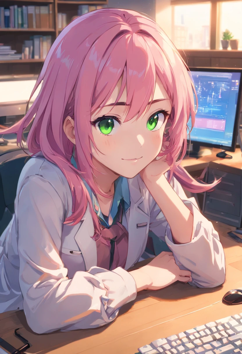 There is a woman sitting at her desk playing with her phone, working in an office, At the office, working, working in her laptop computer, sitting in office, sitting in front of the computer, In the office, working on a laptop at a desk, sitting at a computer desk, sitting in front of the computer, in front of a computer, sat at her desk,(((Masterpiece))) (1 girl) (Pink hair, Long hair, Straight hair, Both sides up) (Green eyes), Beautiful face, eye shadows, eyes liner, Glow eyes, hyper detail eyes, complex eyes, Beautiful eyes, Detailed eyes, ((Star-shaped pupils, Glowing pink pupils)) 18-year-old girl. ((Humph)). Smile. full bodyesbian. florest background. Lie down.
