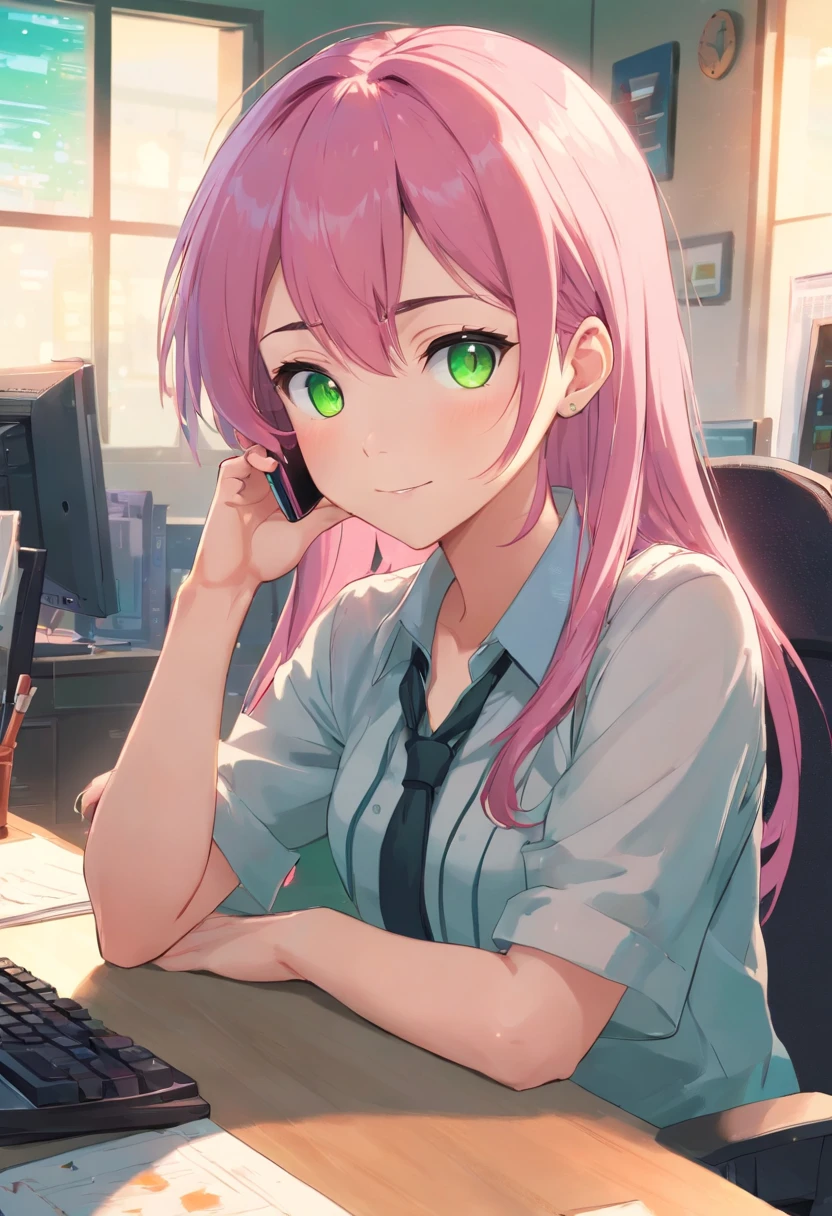 There is a woman sitting at her desk playing with her phone, working in an office, At the office, working, working in her laptop computer, sitting in office, sitting in front of the computer, In the office, working on a laptop at a desk, sitting at a computer desk, sitting in front of the computer, in front of a computer, sat at her desk，(((Masterpiece))) (1 girl) (Pink hair, Long hair, Straight hair, Both sides up) (Green eyes), Beautiful face, eye shadows, eyes liner, Glow eyes, hyper detail eyes, complex eyes, Beautiful eyes, Detailed eyes, ((Star-shaped pupils, Glowing pink pupils)) 18-year-old girl. ((Humph)). Smile. full bodyesbian. florest background. Lie down.