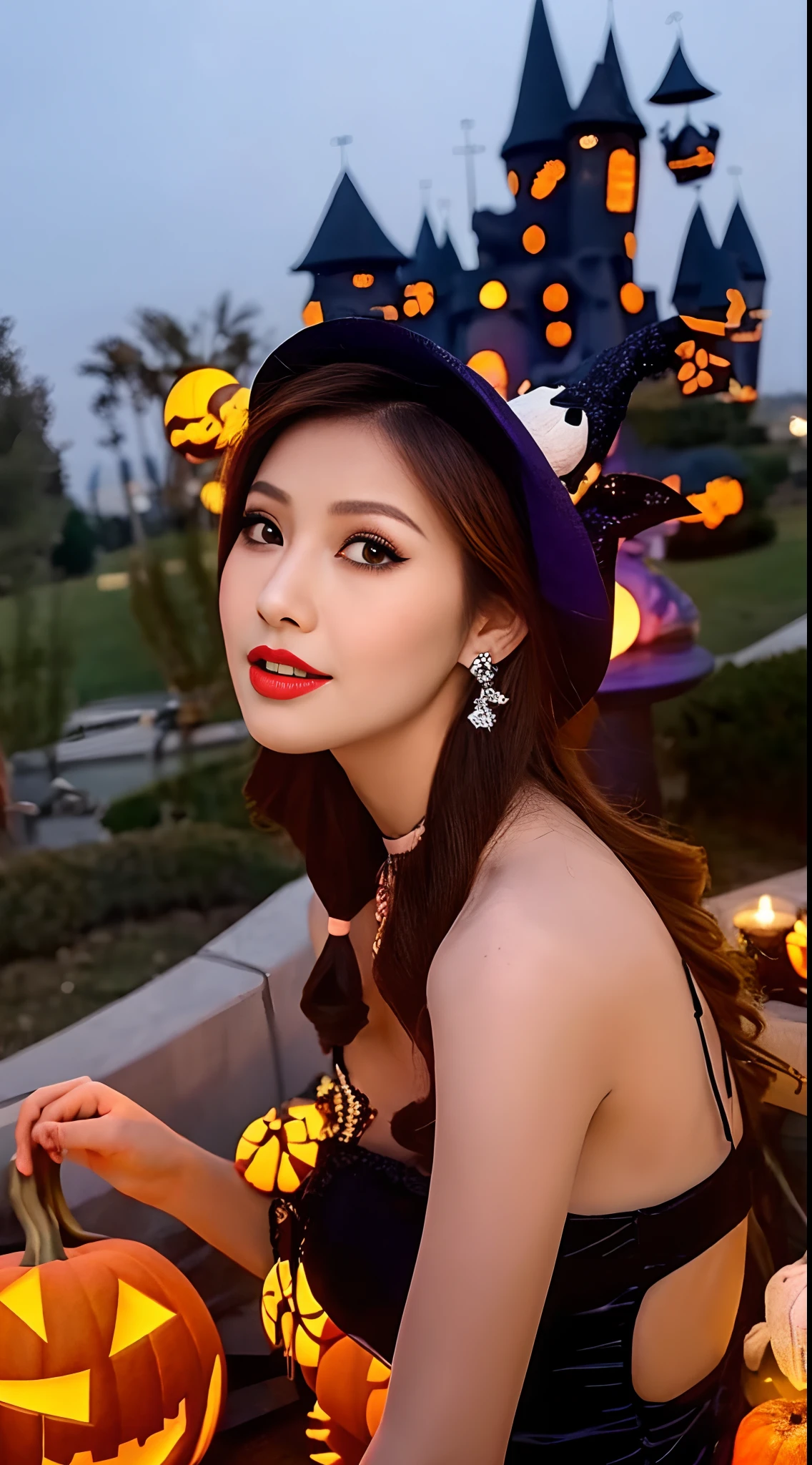 Halloween scene of pumpkins and witches flying over a cemetery, halloween celebration, halloween scene, halloween night, halloween atmosphere, spooky halloween night, halloween art style, halloween theme, scarry but bewitching, spooky halloween fun, witch fairytale,20yr old [[[[closeup cleavage]]]], [[[[boobgasm]]]], [[[[coll]]]], [[[[bshoulders]]]], perfect  eyes, Perfect iris，Perfect lips，perfect teeth，Perfect skin，Soft front light，Delicate face，Long face，slender nose，Raised sexy，熟妇，Mature mature in witch hat，Mysterious and eerie giggles，A castle in the shadows，dim murky lights，pumpkins，the bats，4K Ultra HD, 超高分辨率, (Photorealistic: 1.4), Best quality，Masterpiece，（pastel colour：1.2）