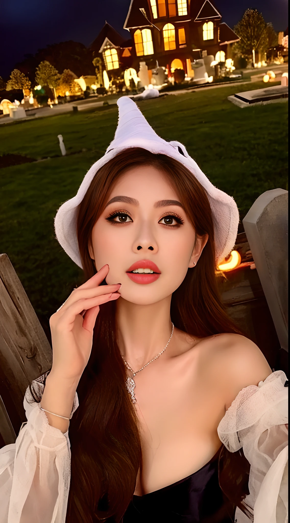 Halloween scene of pumpkins and witches flying over a cemetery, halloween celebration, halloween scene, halloween night, halloween atmosphere, spooky halloween night, halloween art style, halloween theme, scarry but bewitching, spooky halloween fun, witch fairytale,20yr old [[[[closeup cleavage]]]], [[[[boobgasm]]]], [[[[coll]]]], [[[[bshoulders]]]], perfect  eyes, Perfect iris，Perfect lips，perfect teeth，Perfect skin，Soft front light，Delicate face，Long face，slender nose，Raised sexy，熟妇，Mature mature in witch hat，Mysterious and eerie giggles，A castle in the shadows，dim murky lights，pumpkins，the bats，4K Ultra HD, 超高分辨率, (Photorealistic: 1.4), Best quality，Masterpiece，（pastel colour：1.2）