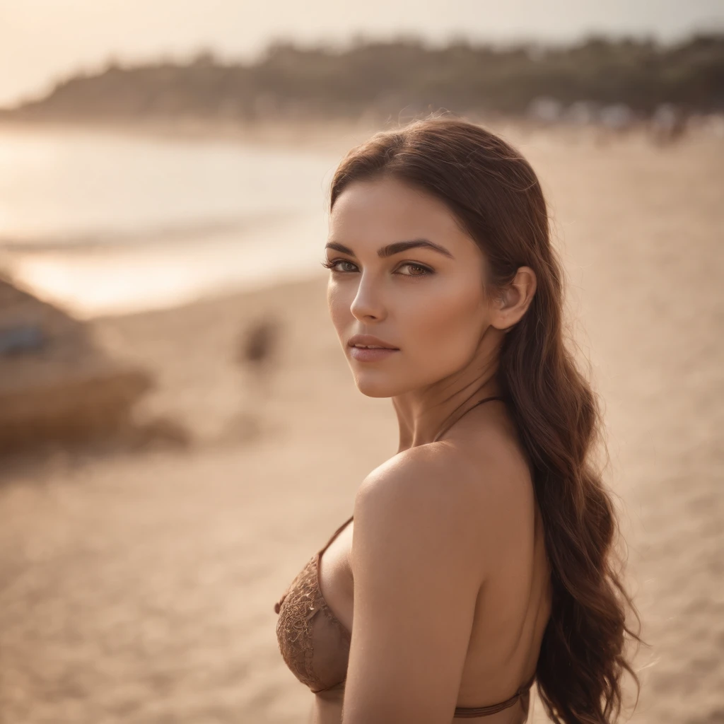 Hermosa mujer morena, 25-years old. (Plan general), (Posando en la playa con bikini), (Andante), pelo corto, Piel detallada y con lunares, abdomen, realistic photograph, Cinematographer, (Cintura perfecta), (pechos normales), obra-prima, realista, realismo, rendering, alto contraste, Digital Art Realistic Photography Trend on Artstation 8k HD Realistic Detailed High Definition, detallado, textura de la piel, hiper detallado, Textura de piel realista, (fondo, On a paradisiacal beach), mejor calidad, ultra-high-resolution, (Fotografíarrealista: 1.4),, high resolusion, detallado, Raw Photography, afilado, by lee jeffries nikon d850 film stock photography 4 kodak portra 400 camera f1.6 lenses Rich colors Hyper-realistic texture Unrealengine dramatic lighting trend on ArtStation Cinestill 800,