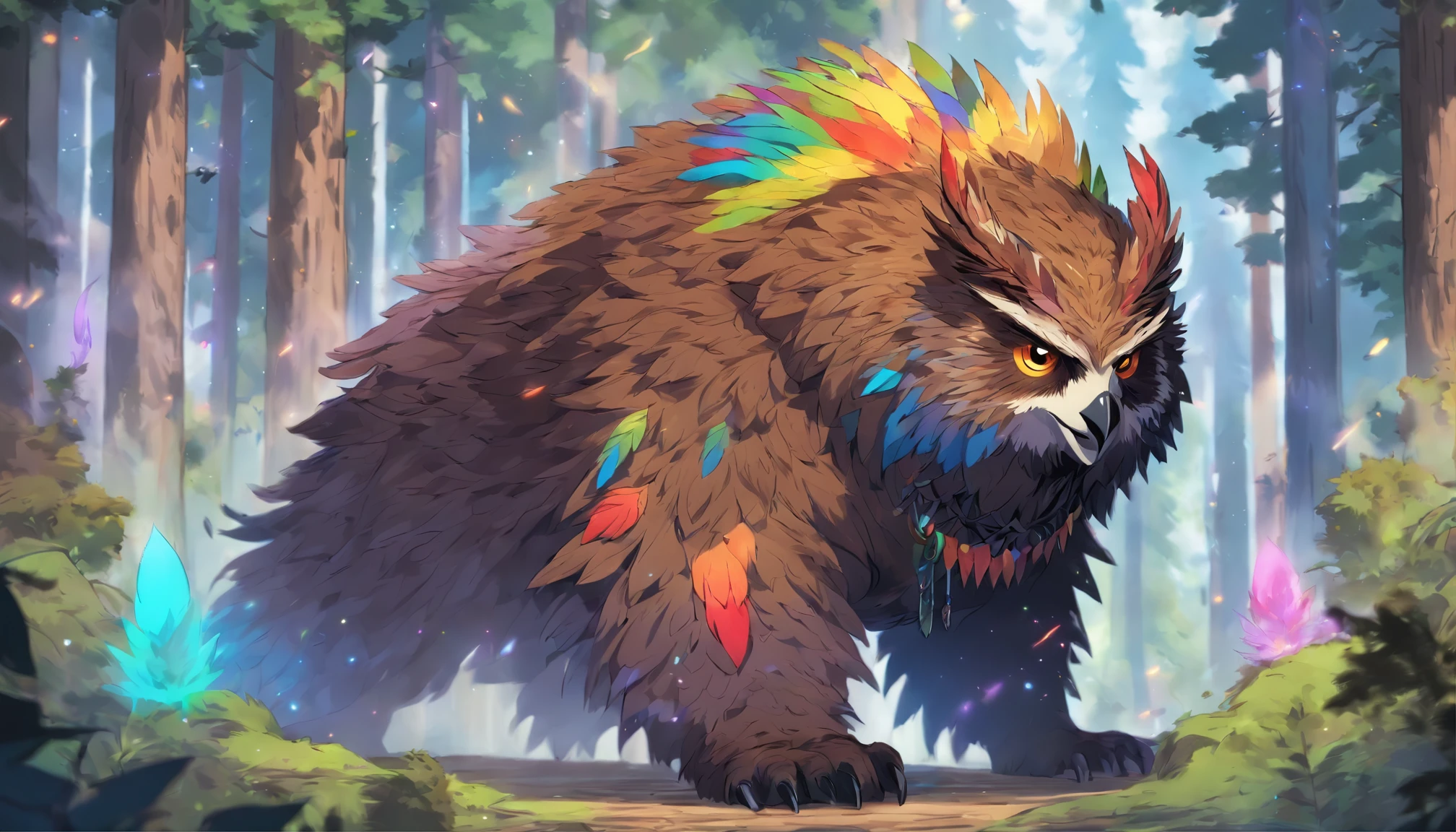 Owlbear, Fantasy Monster, Rainbow Feathers, Long Bear-Like Claws, Dungeons and Dragons, Forest Background, High Detail