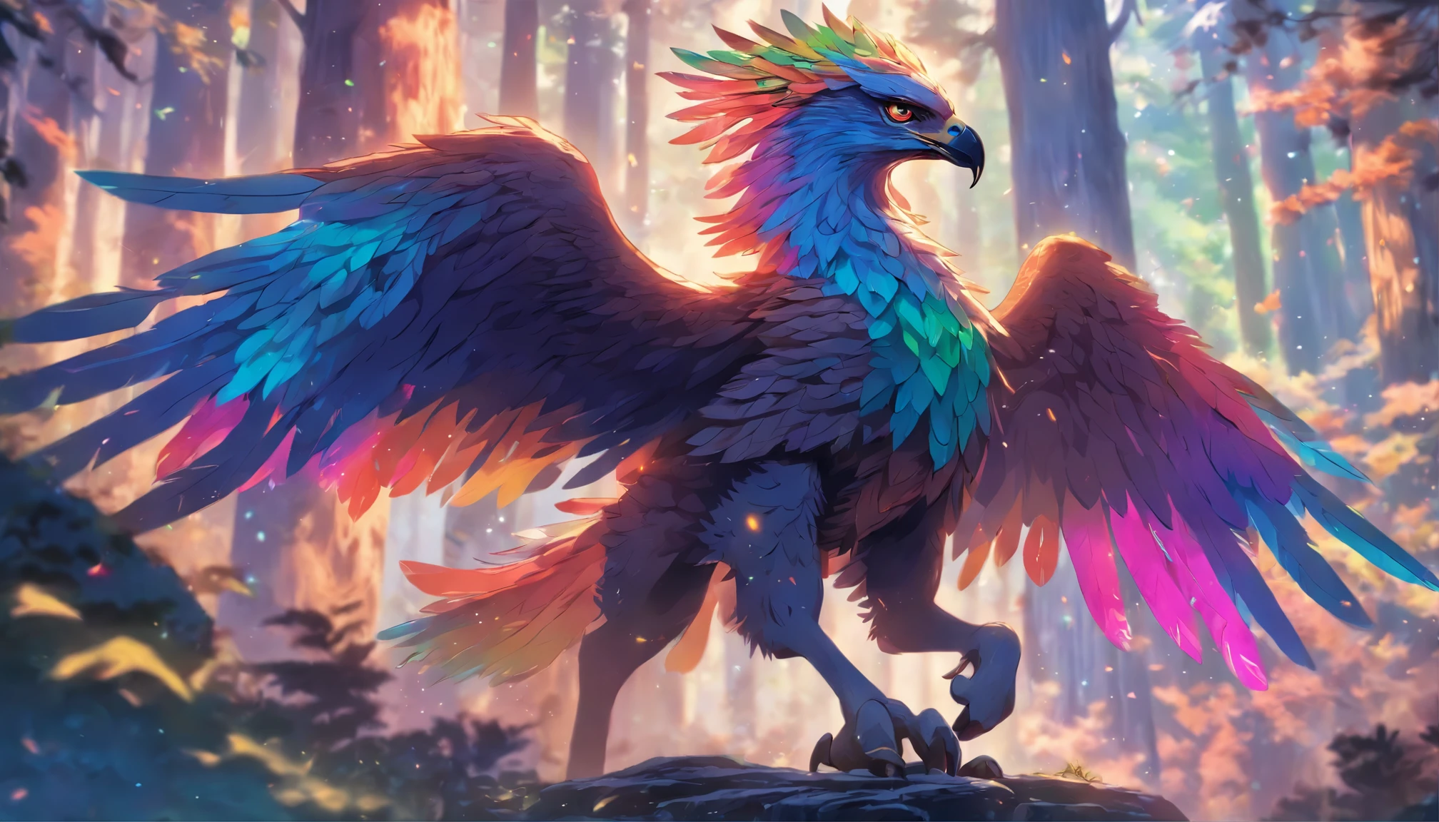 Peryton, Fantasy Monster, Rainbow Feathers, Half Deer, Half Eagle, Eagle Talons, Dungeons and Dragons, Forest Background, High Detail