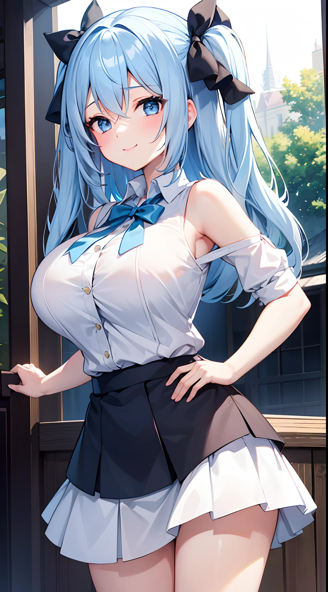 1 girl, game CG, white shirt, shoulders visible, short skirt, string hair ribbon, gigantic breasts, light blue hair, middle hair, two side up, blue eyes, park, steam, smile, close one eye,